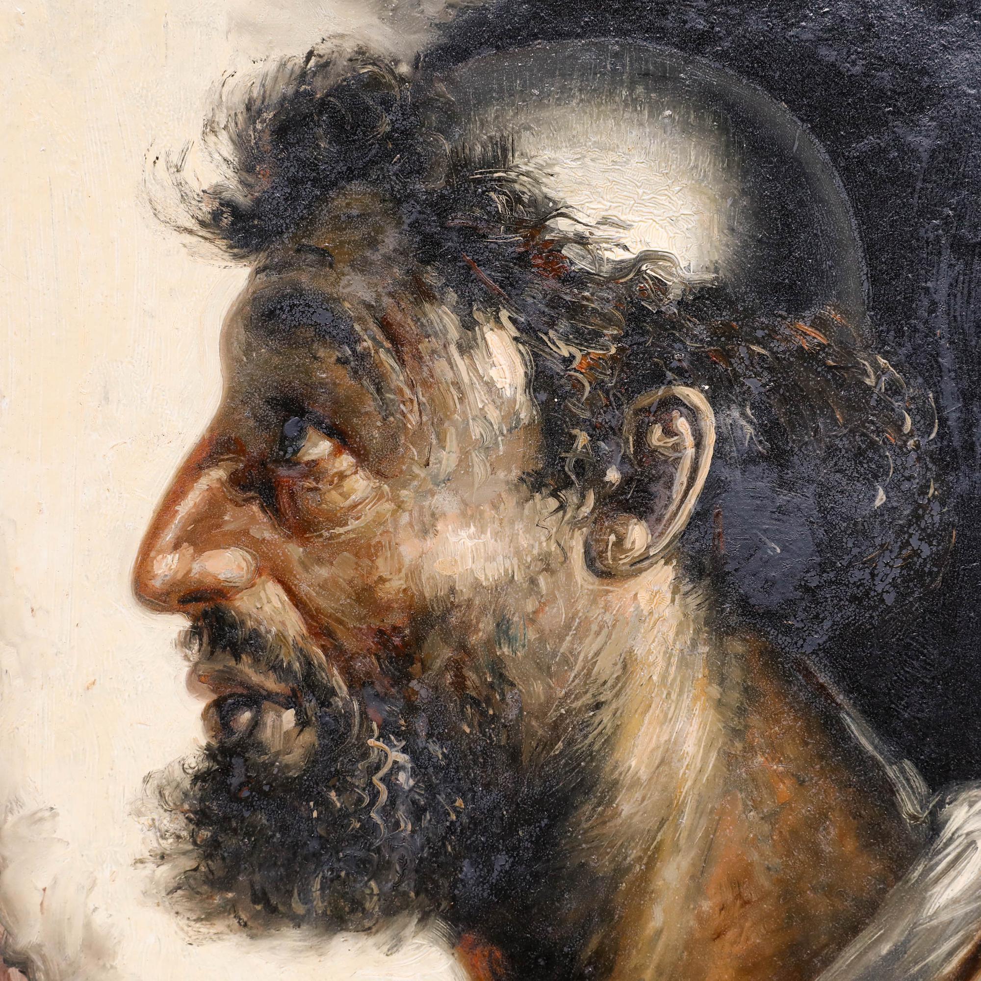 Ce portrait intime représente un moine barbu de profil, rendu avec une attention magistrale aux détails naturalistes, notamment la peau usée par les intempéries, les yeux expressifs et les cheveux bouclés ébouriffés qui accrochent la lumière. La