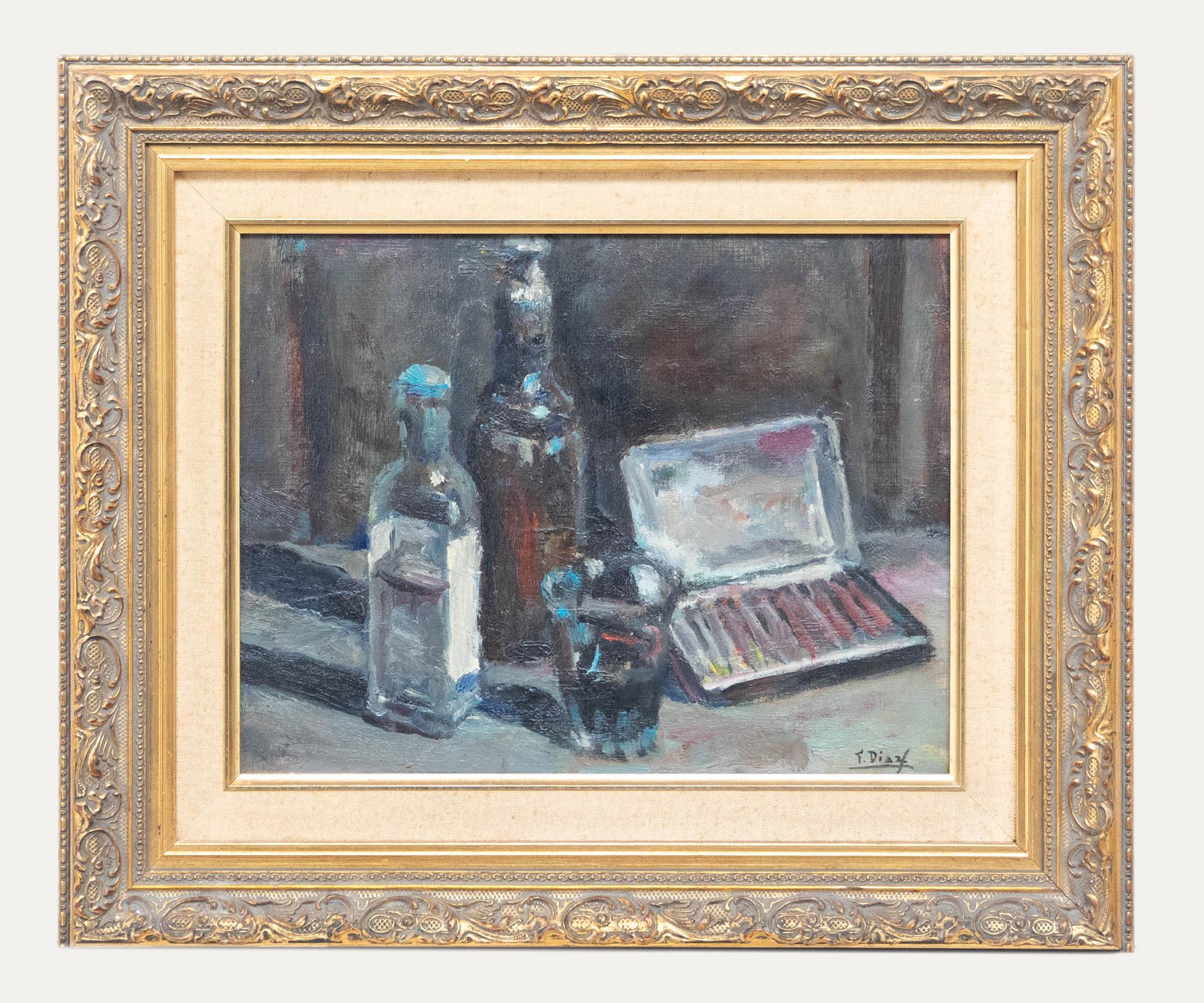 Still-Life Painting de Unknown - Francisco Díaz Sánchez (1912-1982) - Óleo de la Spanish School, Los materiales del artista