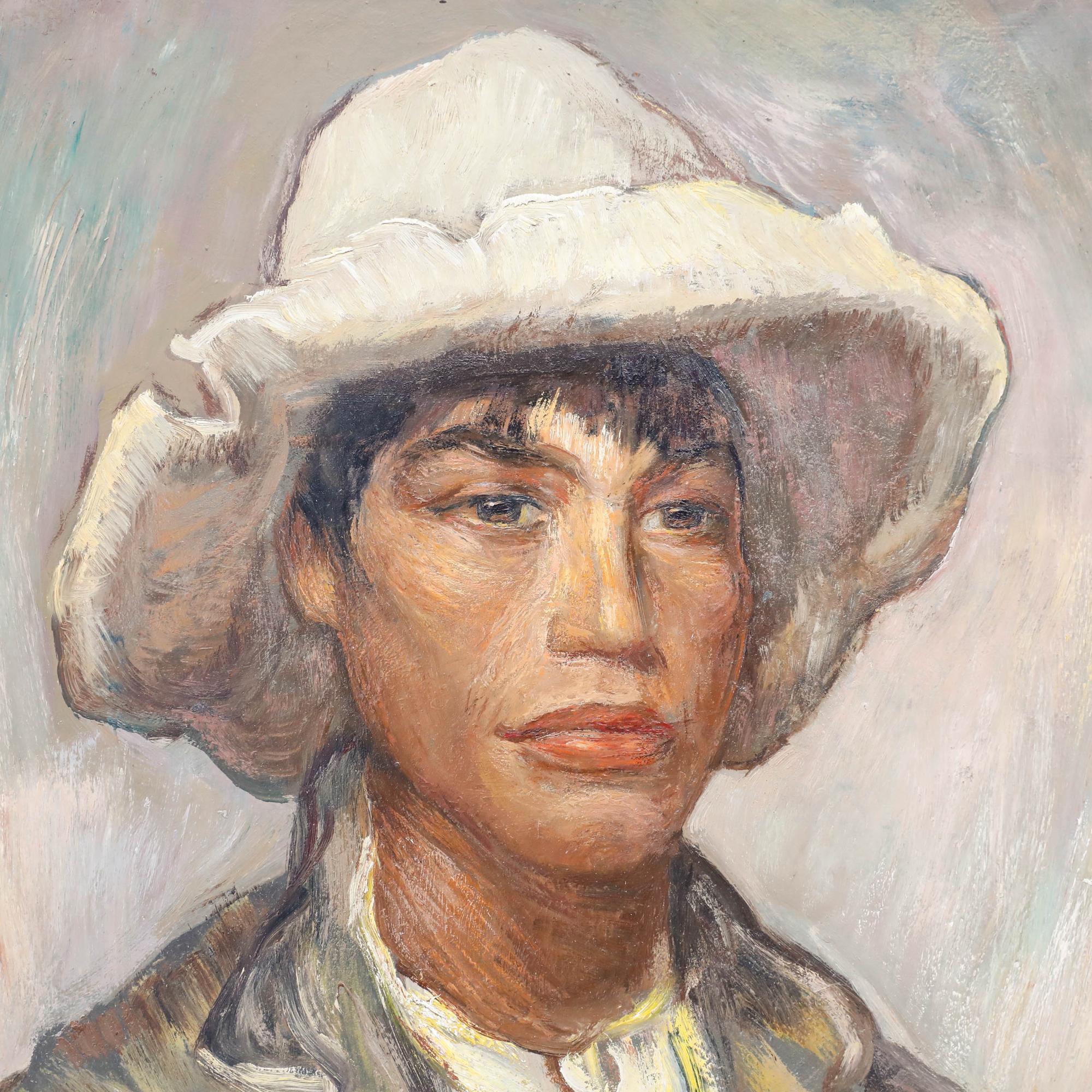An expressive portrait of a farmer boy wearing a wide-brimmed hat and a loose-fitting coat by the Argentinian artist Francisco Ramoneda (1905-1977). The artist has used confident brushstrokes to create an intimate character study that emphasises the
