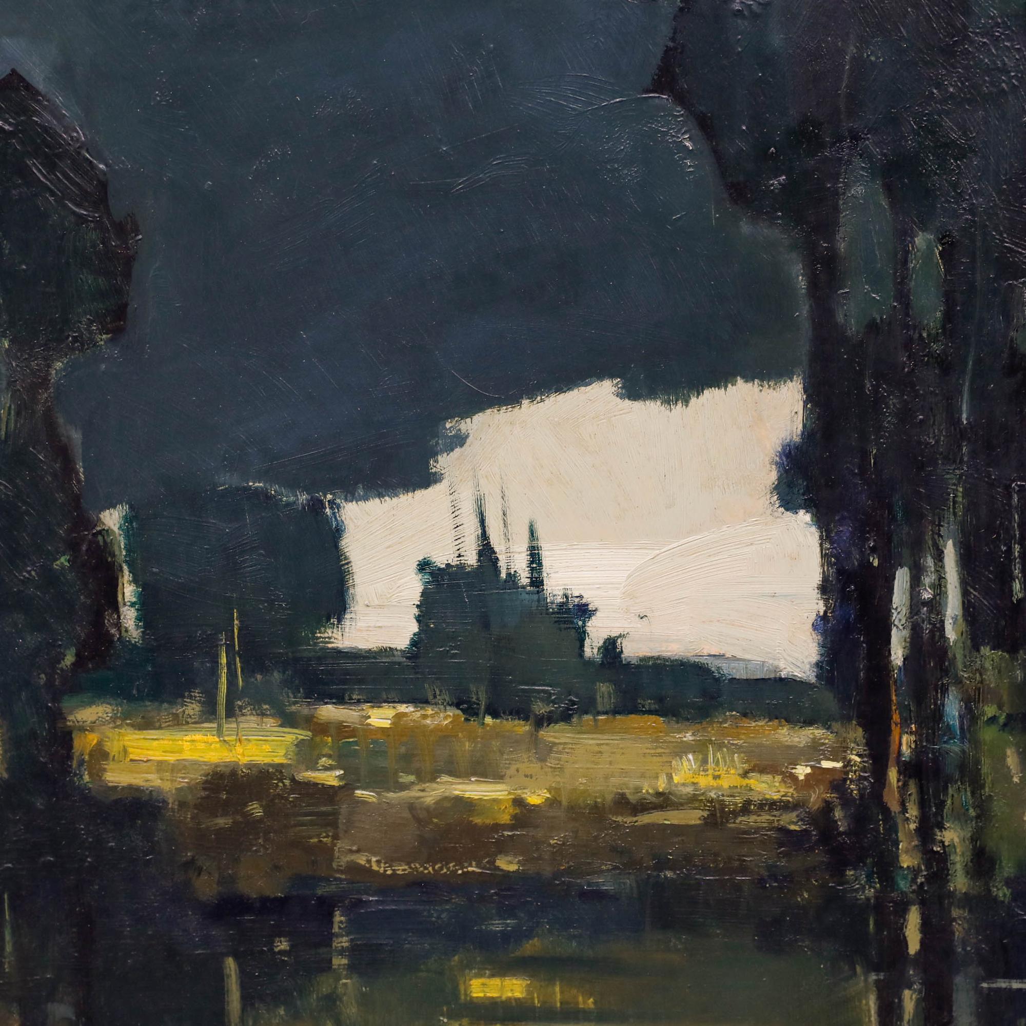 François Charlier - Olio francese del 20° secolo, Dernières lueurs - Landscape Painting Nero di Unknown
