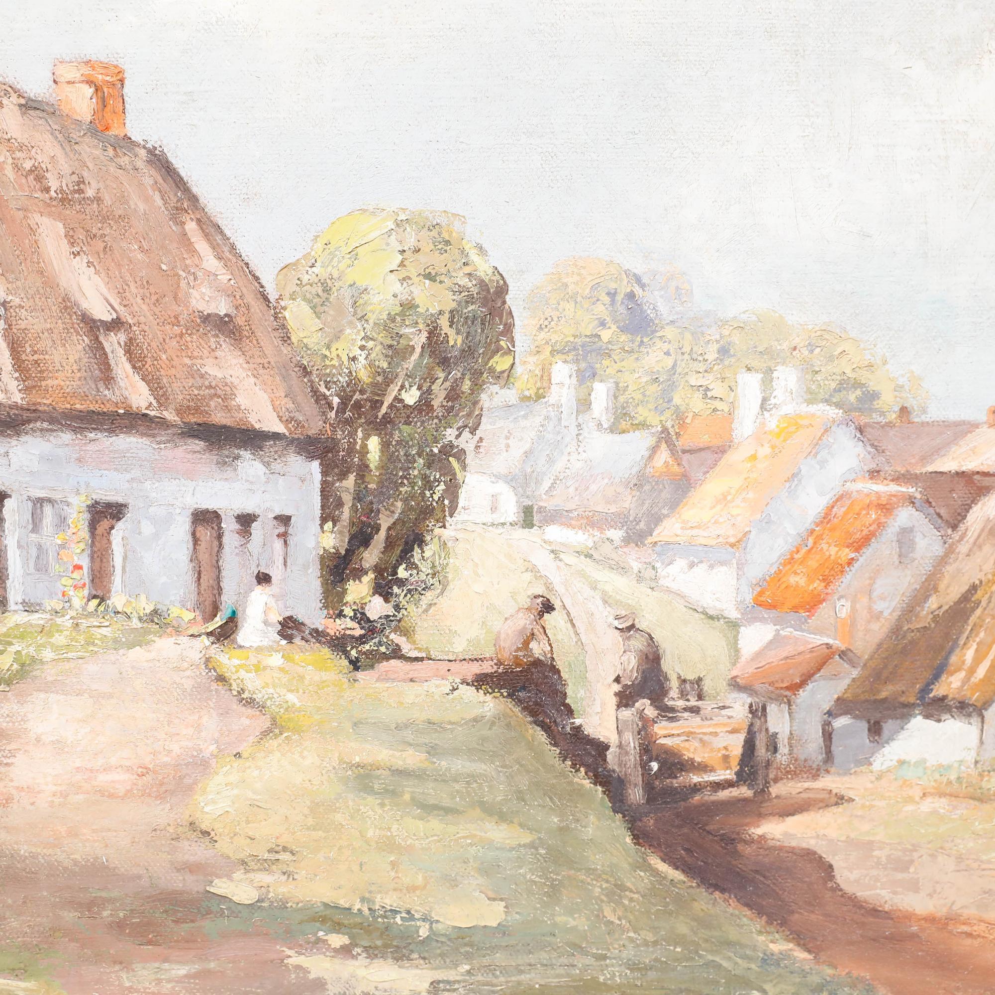 This charming pastoral landscape depicts a quaint English village scene featuring traditional thatched-roof cottages nestled along a winding country path. The composition is anchored by rustic whitewashed homes with distinctive straw roofing and