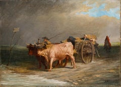 François Étienne Hersent - Óleo del siglo XIX, «Soldados heridos en una carreta tirada por bueyes»