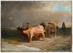 François Étienne Hersent - Óleo del siglo XIX, «Soldados heridos en una carreta tirada por bueyes»