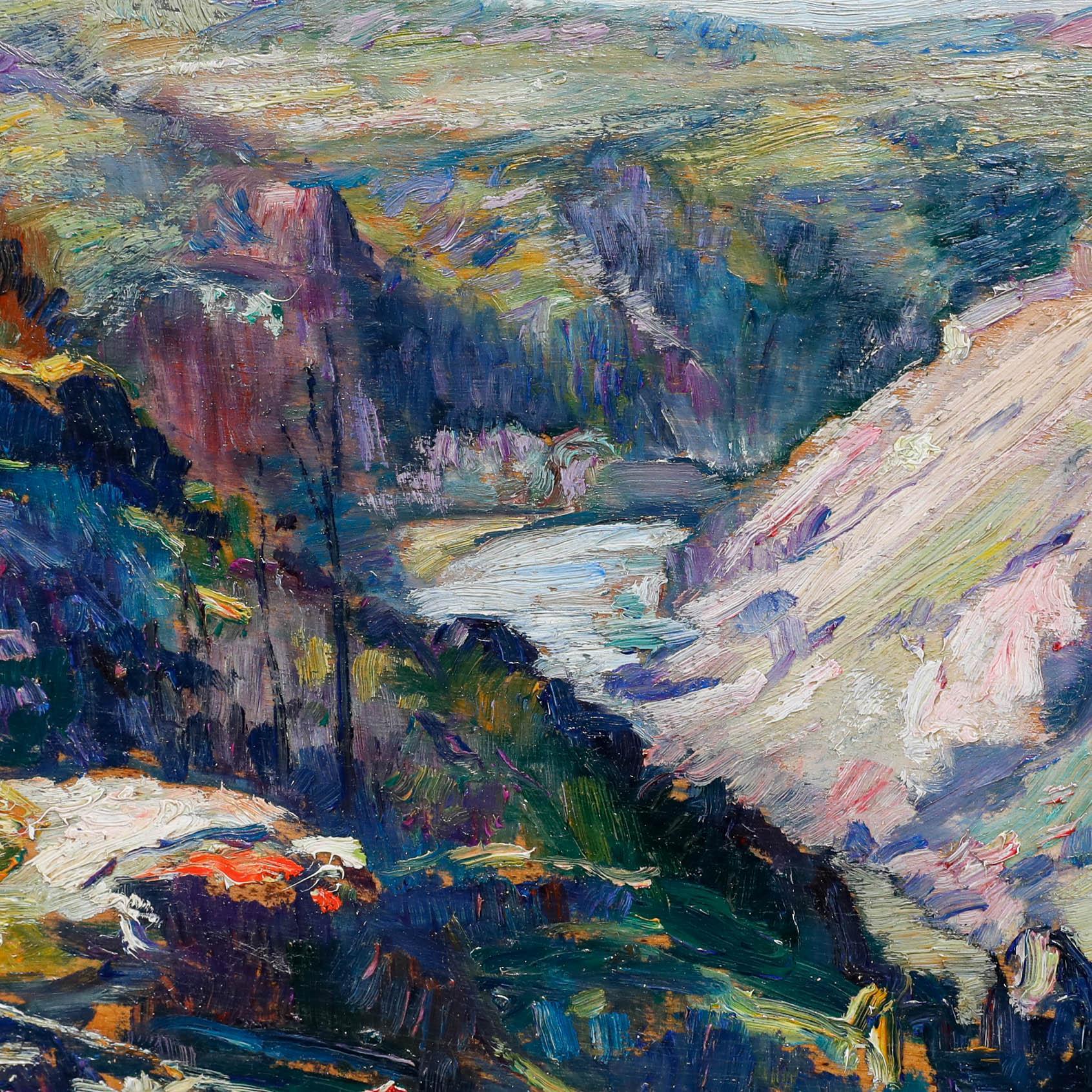This vibrant landscape painting by Francois Pycke masterfully captures the stunning scenery of Toledo, depicting a dramatic river valley carved through rolling hills. A winding waterway cuts through the centre of the composition beneath steep, rocky