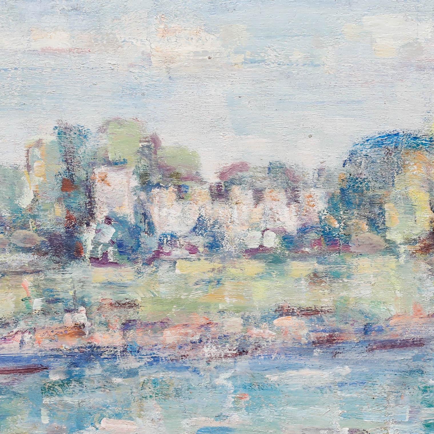 This impressionistic landscape painting captures the shimmering reflections and vibrant colours of a tranquil waterside. The artist's loose brushstrokes create a dreamy atmosphere, depicting lush foliage along the shore and the distant façade of