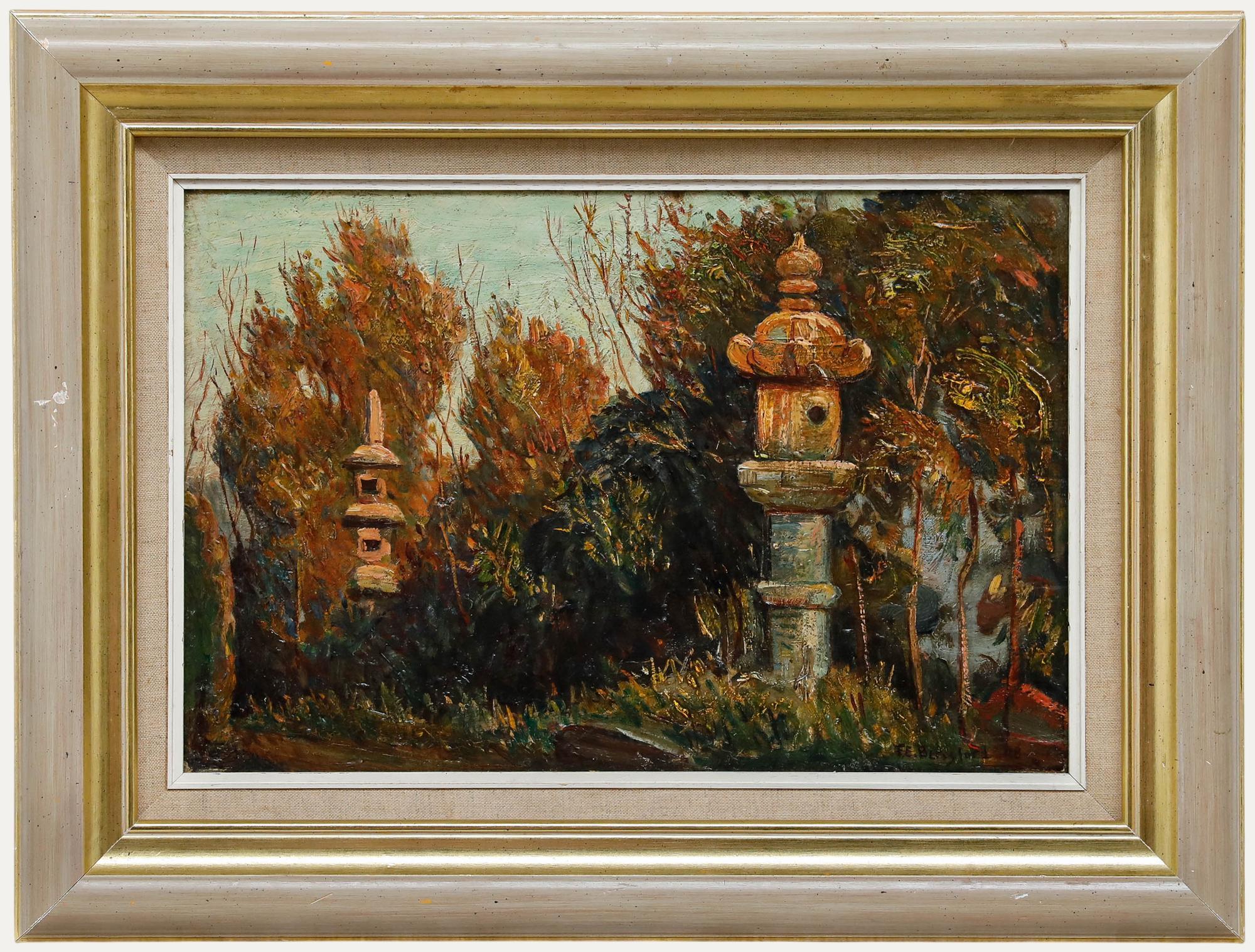 Unknown Landscape Painting – Frank Ernest Beresford (1881-1967) - 1908 Öl, Ein japanischer Garten