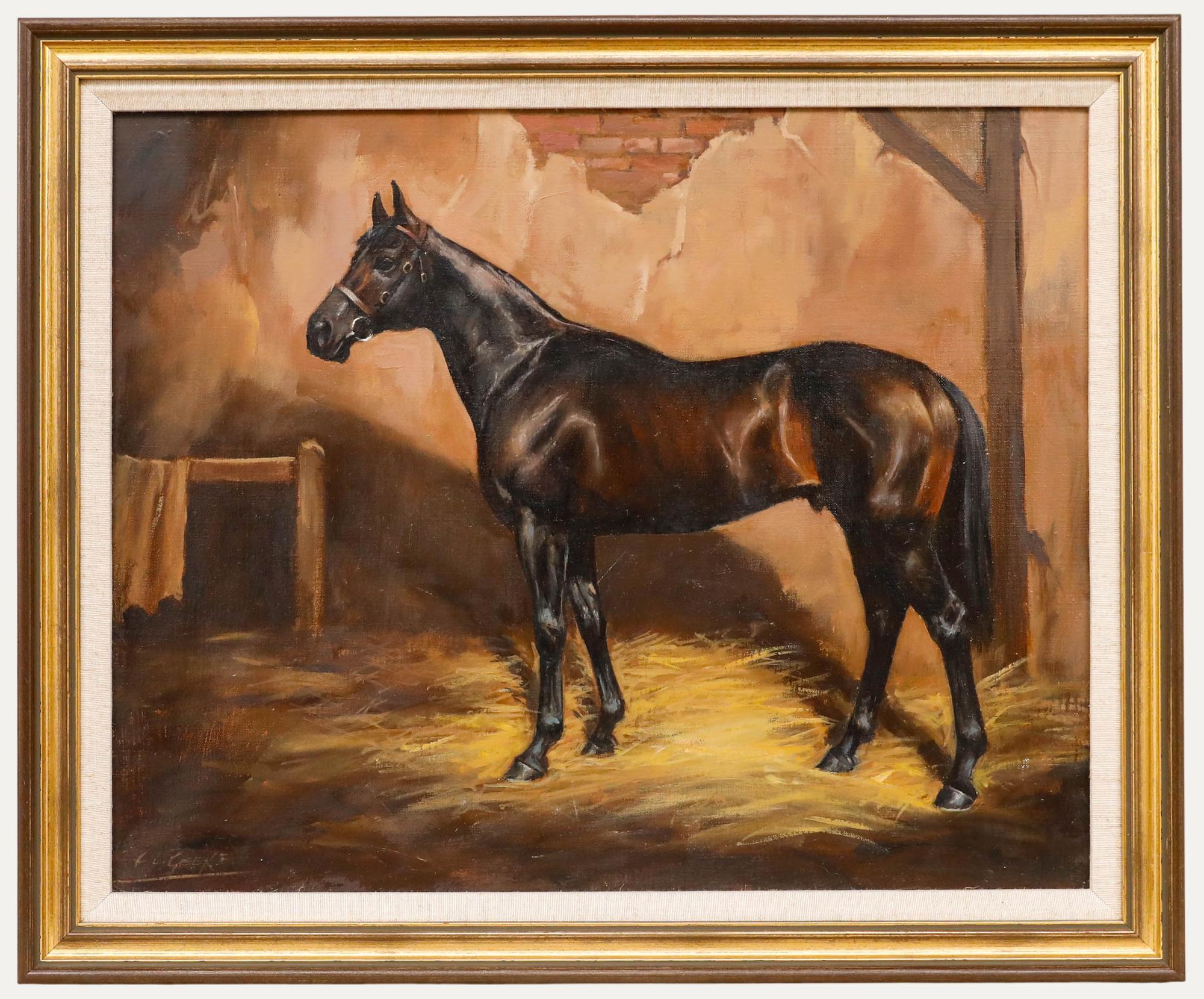 Unknown Animal Painting - Frank L. Geeke (1931-1991) - Framed 20th Century Oil, Dark Bay in the Stable
