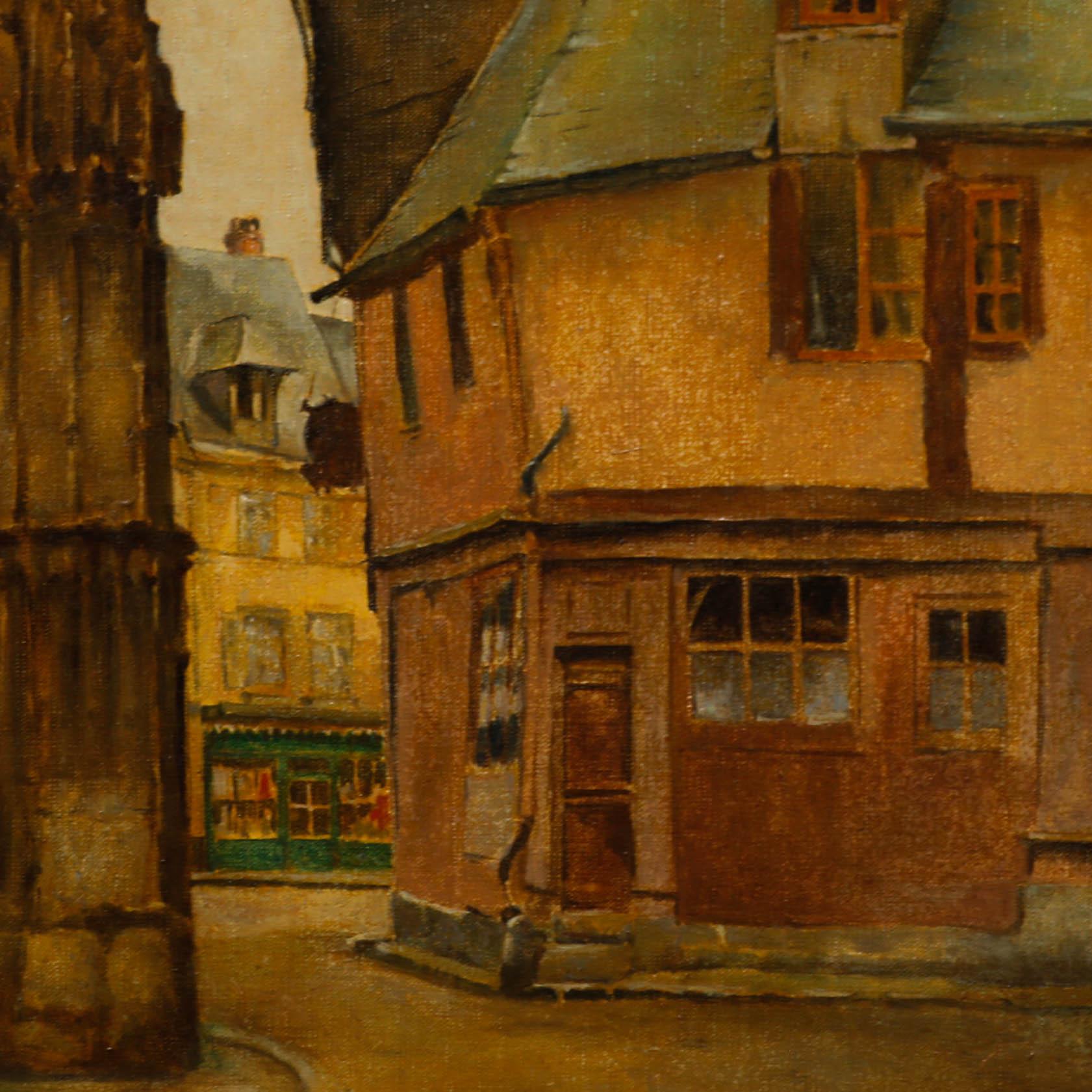 A charming scene depicting a quiet street in Caudebec-en-Caux in Normandy, France. Signed in the lower right. Presented in an ornate gilt frame with shell and acanthus details. On board. 