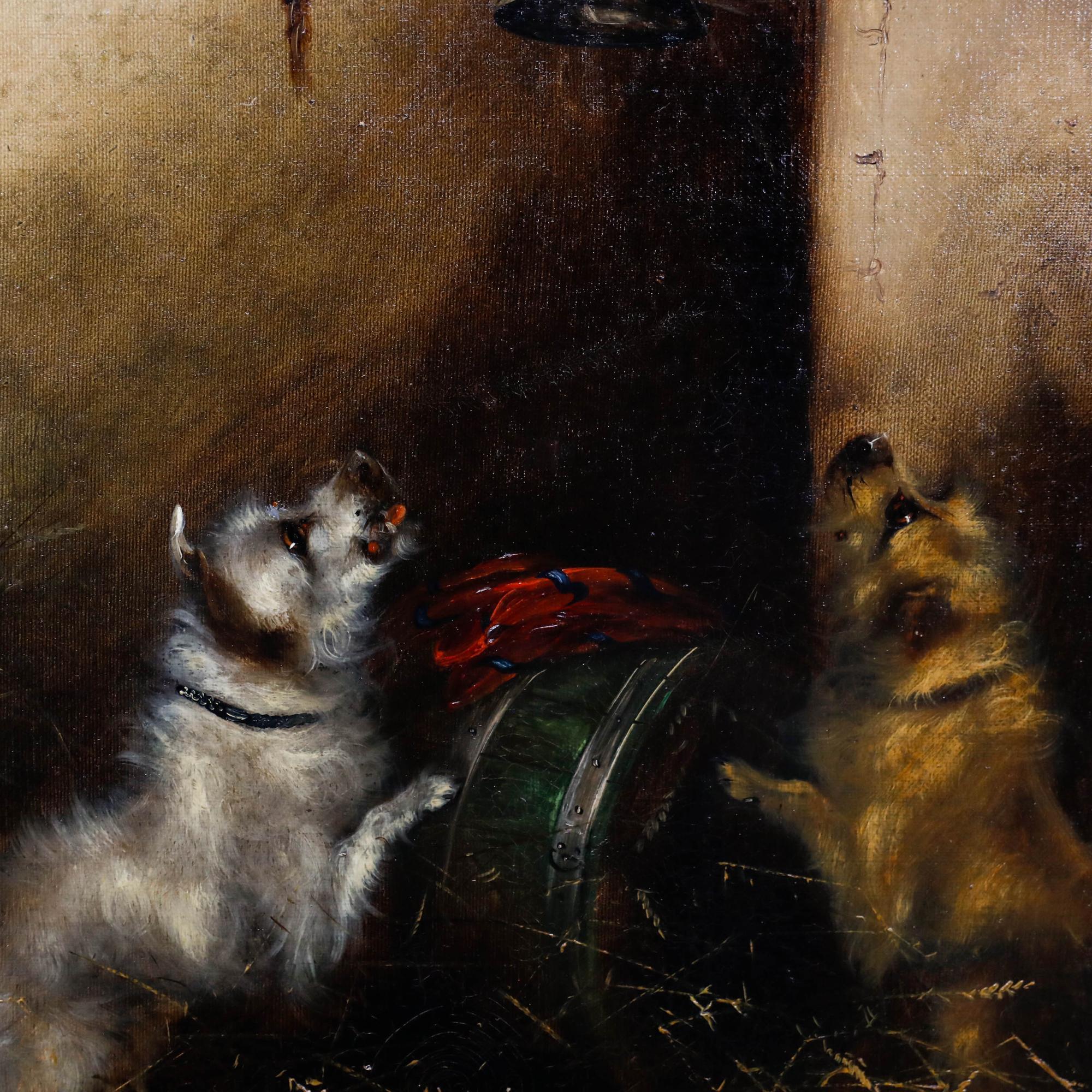 Ein charmantes Ölgemälde, das ein verspieltes Rudel Terrier in einer steinernen Scheune zeigt. Mit ausdrucksstarken Pinselstrichen fängt der Künstler die drahtige Textur des Fells der Terrier und die rustikalen Details der Umgebung ein. Das Gemälde
