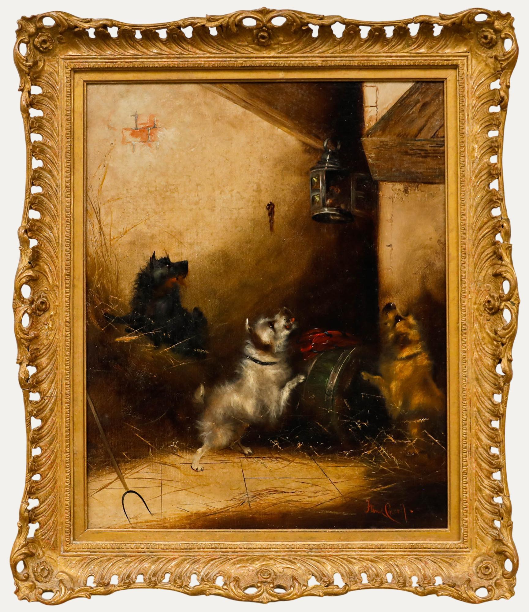 Unknown Animal Painting – Frank Wormald Cassels (1862-1908) - Gerahmtes Öl, Verstecken in der Laterne