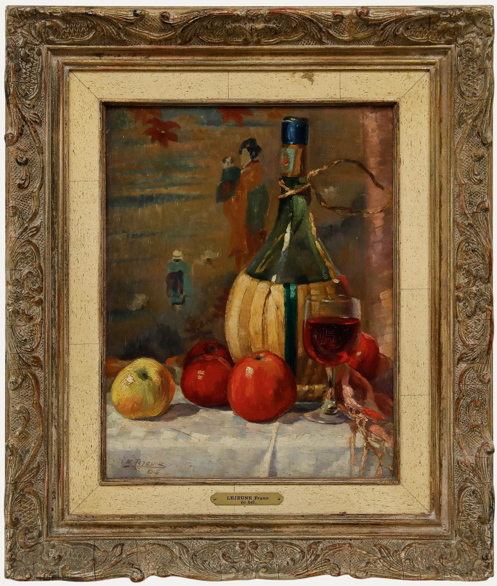 Unknown Still-Life Painting - Frans Lejeune (1879-1963) - Framed Oil, Still Life of Wine & Apples