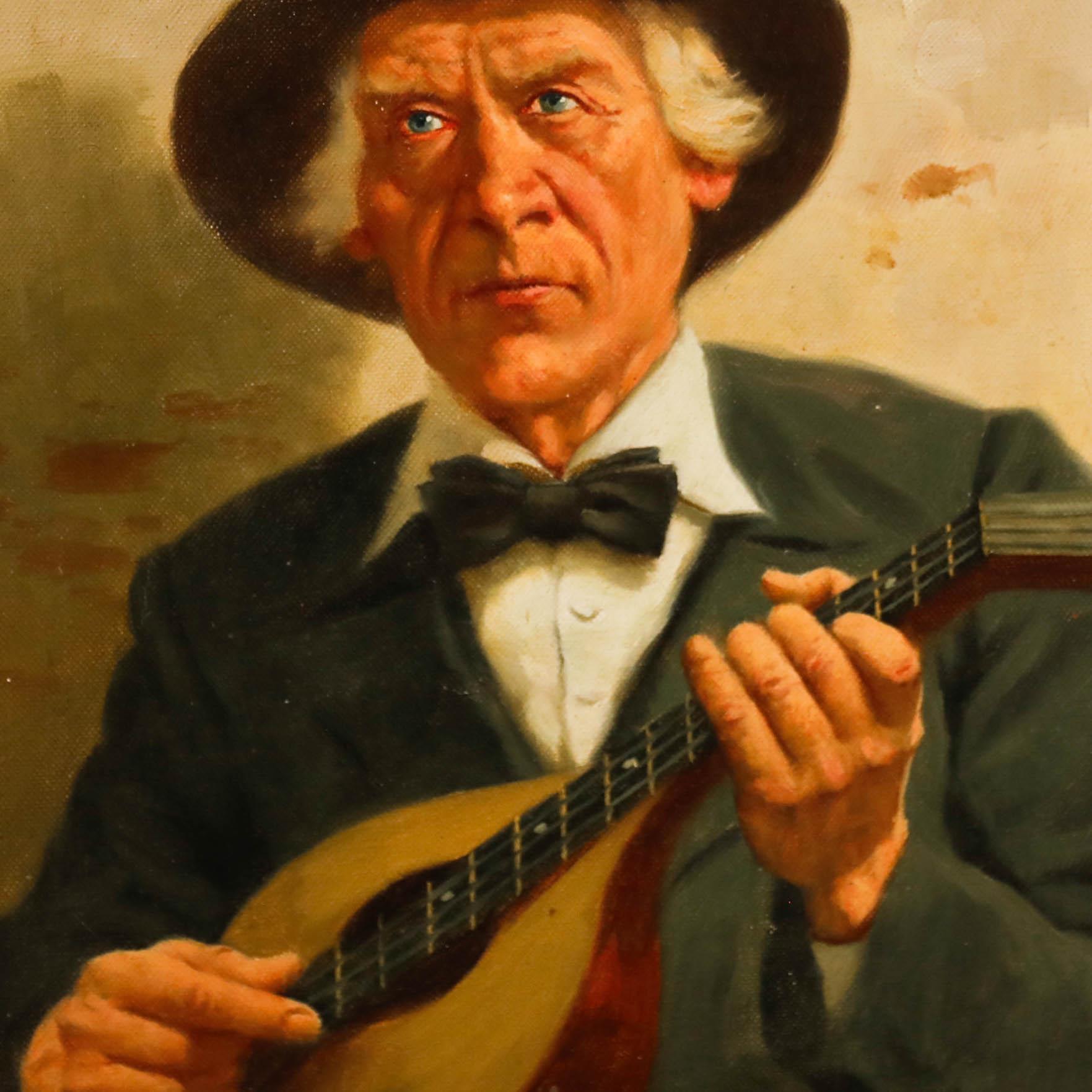 Franz Berger – Ölgemälde, Mandolin-Spieler des 20. Jahrhunderts (Braun), Portrait Painting, von Unknown