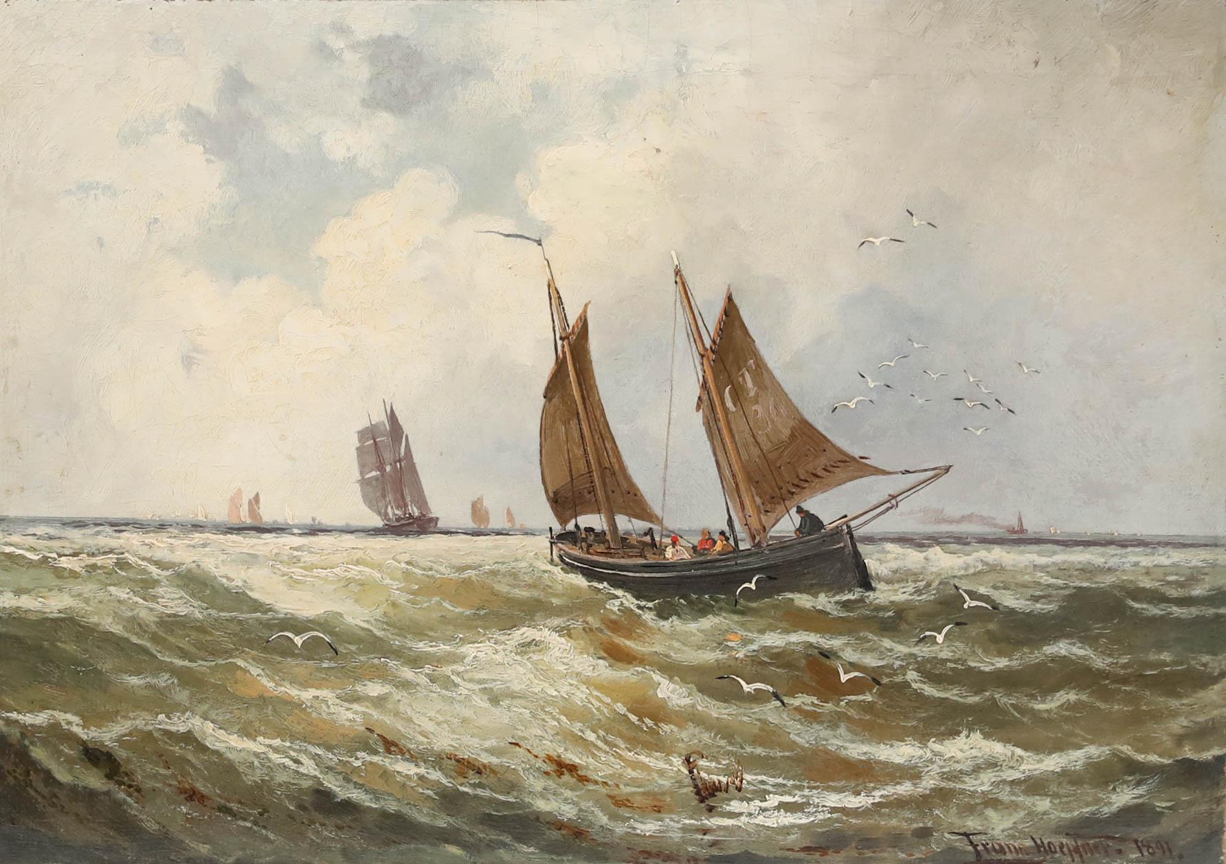 Franz Hoepfner (1853-1891) - Olio della German School, Braving Choppy Waters - Painting di Unknown