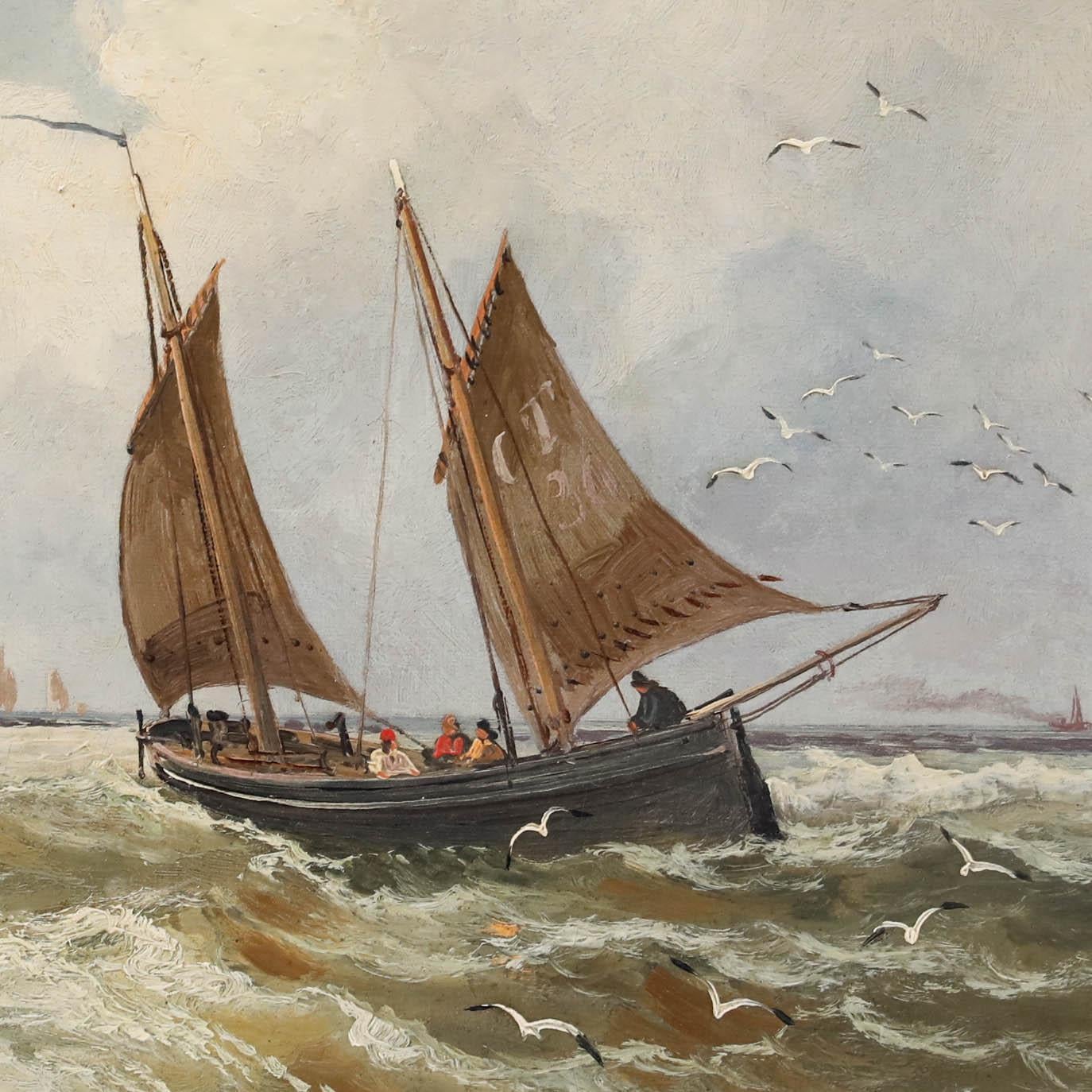 Franz Hoepfner (1853-1891) - Olio della German School, Braving Choppy Waters - Figurative Painting Beige di Unknown