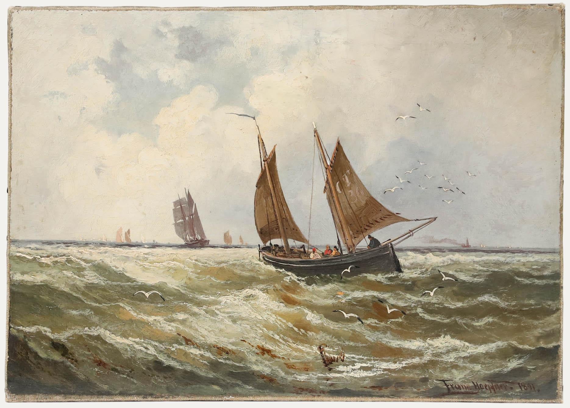 Figurative Painting di Unknown - Franz Hoepfner (1853-1891) - Olio della German School, Braving Choppy Waters