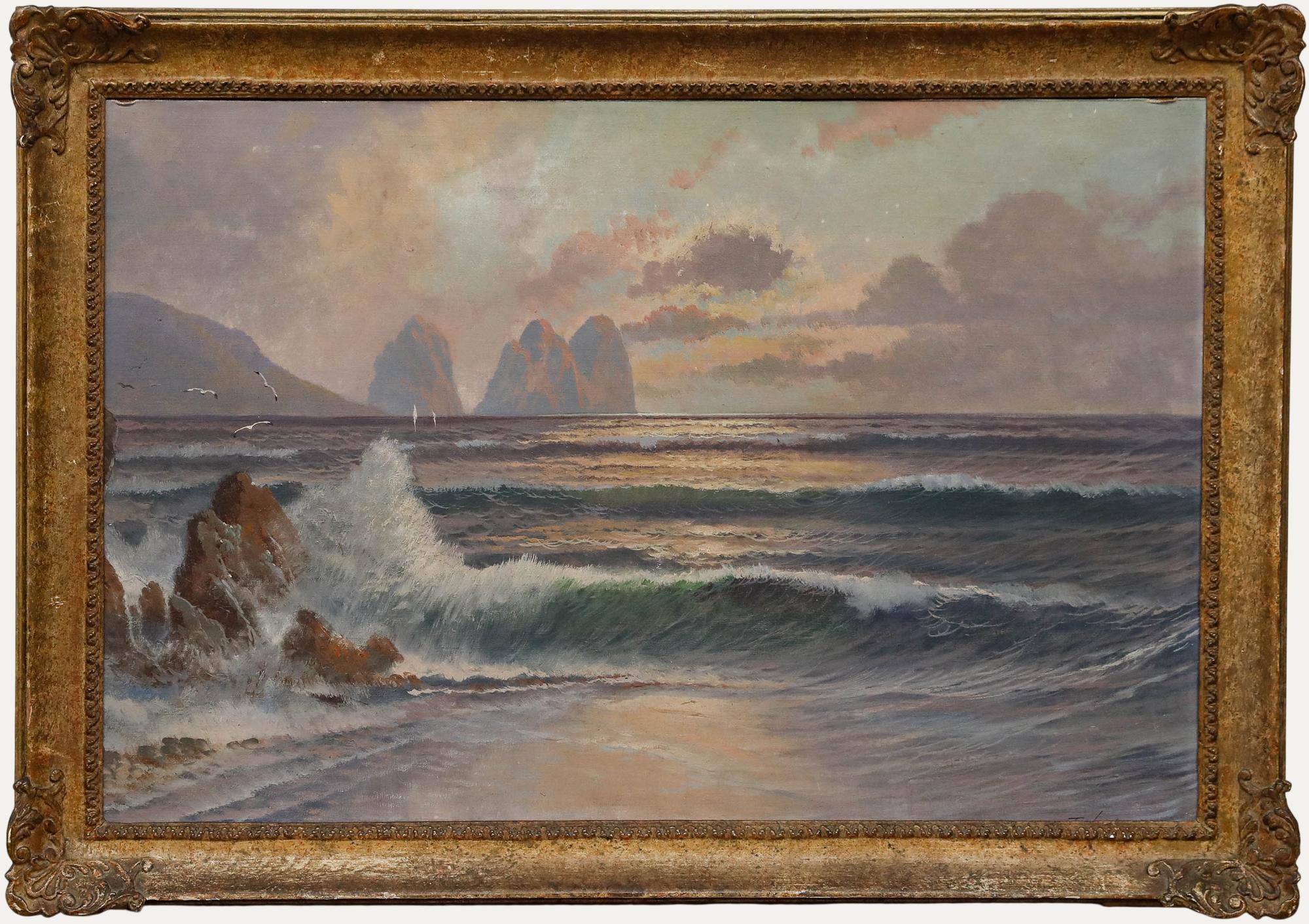 Unknown Landscape Painting - Franz Waldegg (1888-1966) - Framed Oil, Faraglioni Rock Formations