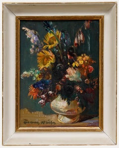 Franz Weib - Olio del XX secolo incorniciato, Fiori d'estate in un'urna di pietra