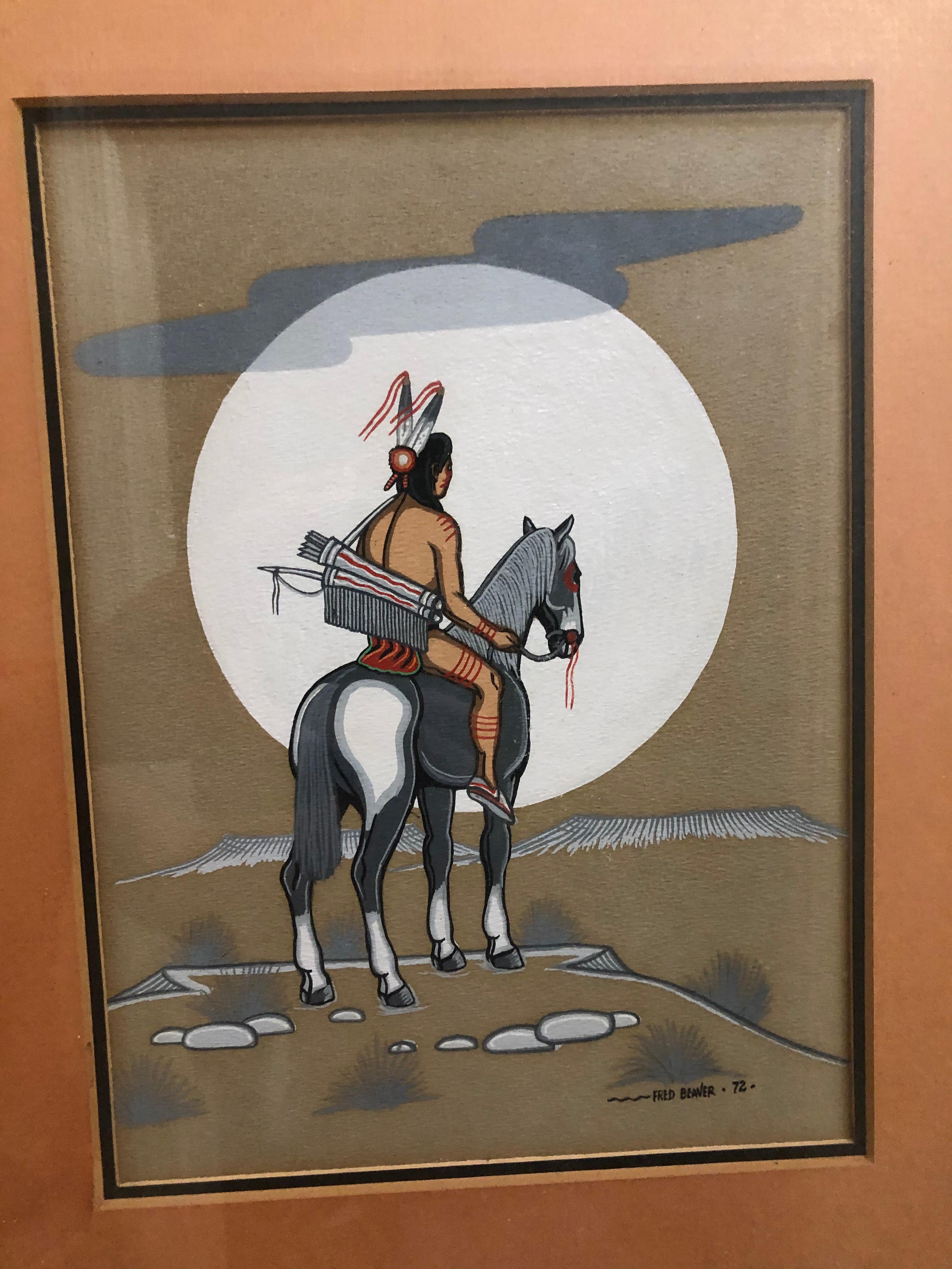 Fred Beaver Tempera Indian Warrior On Horseback - Painting by Unknown