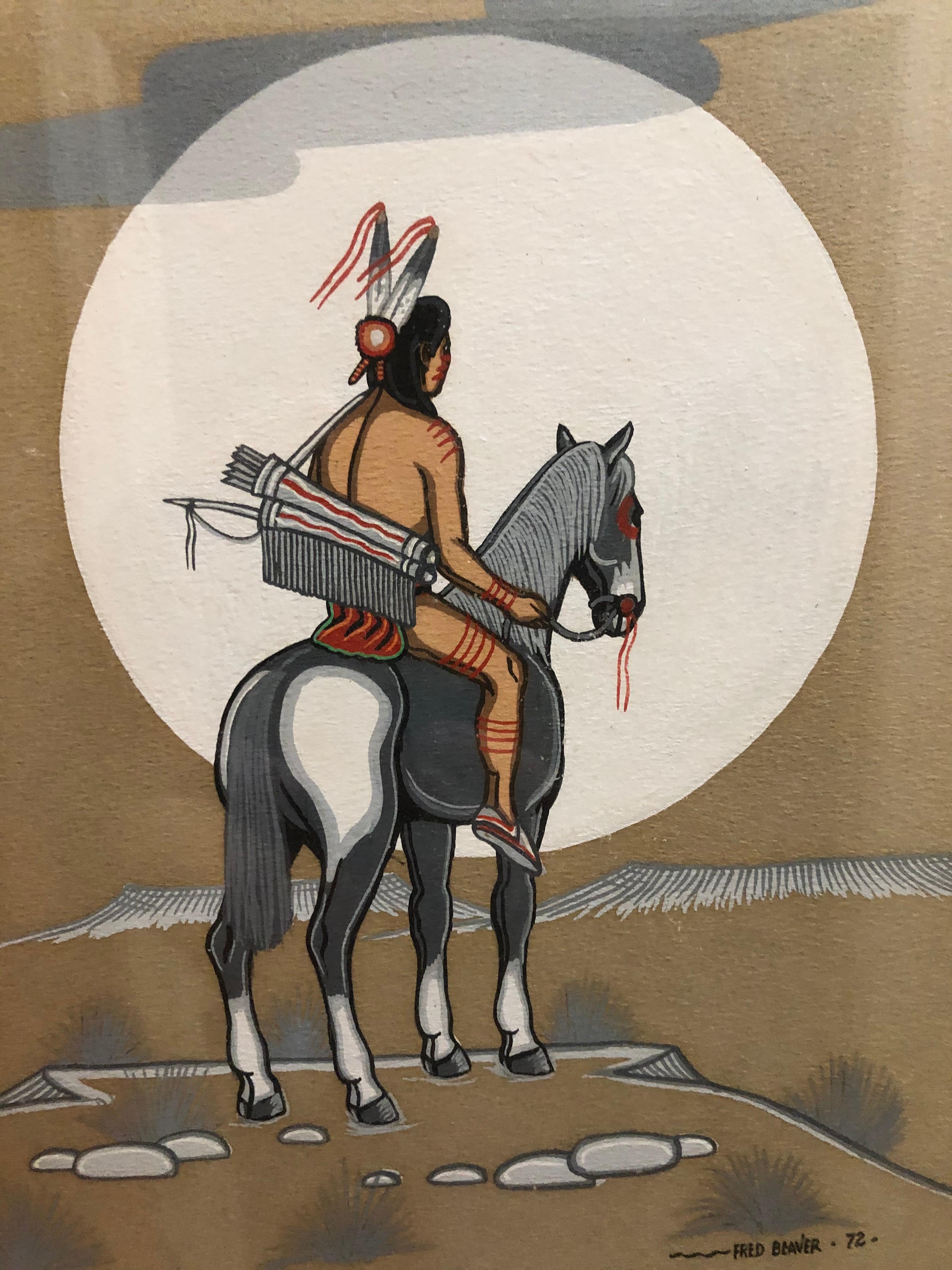 Unknown Figurative Painting - Fred Beaver Tempera Indian Warrior On Horseback