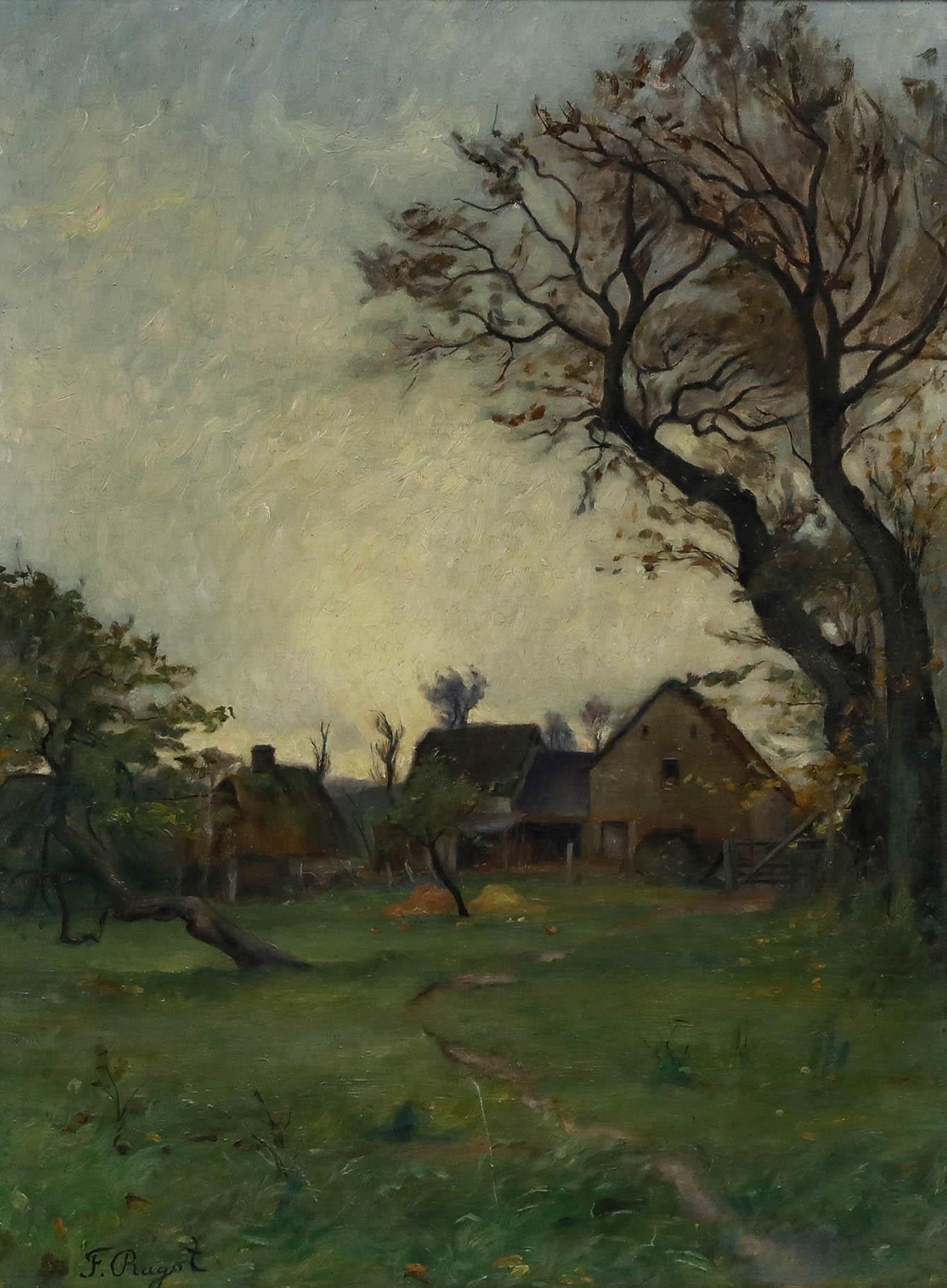 Frederic Ragot (1872-1937) - Huile encadrée du début du 20e siècle, La ferme au crépuscule - Painting de Unknown