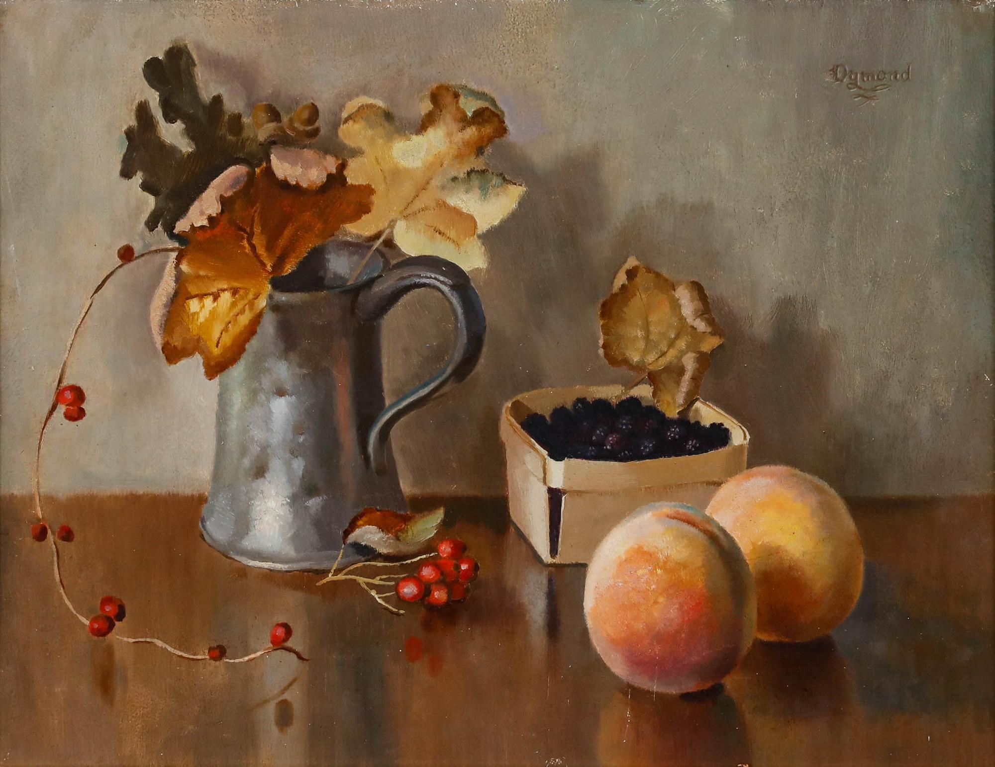 Frederick Dymond (1902-1981)- Framed Oil, Still Life of a Pewter Tankard & Fruit - Painting by Unknown