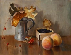Frederick Dymond (1902-1981) - Huile encadrée, Nature morte d'une chope en étain et d'un fruit