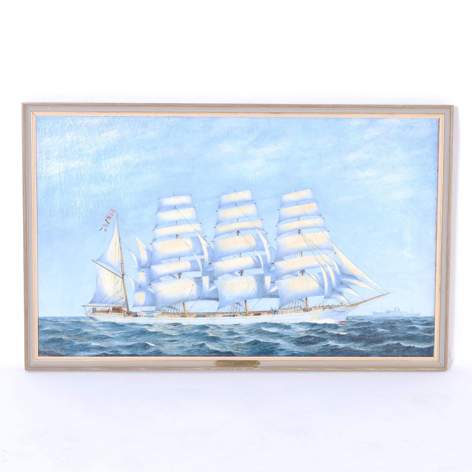 Striking oil painting on canvas of an American four mast sailing ship, in all its glory, in ocean waters with a stem ship in the horizon. Signed by noted marine artist Frederick L.Owen, titled "Brilliant" and presented in a wood frame.