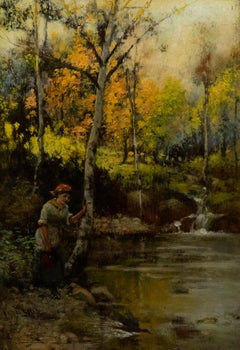 Frederick Shaw (1848-1922) - Huile du début du 20e siècle, un bassin de bois