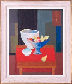 French, 1958 original oil still life painting of fruit bowl