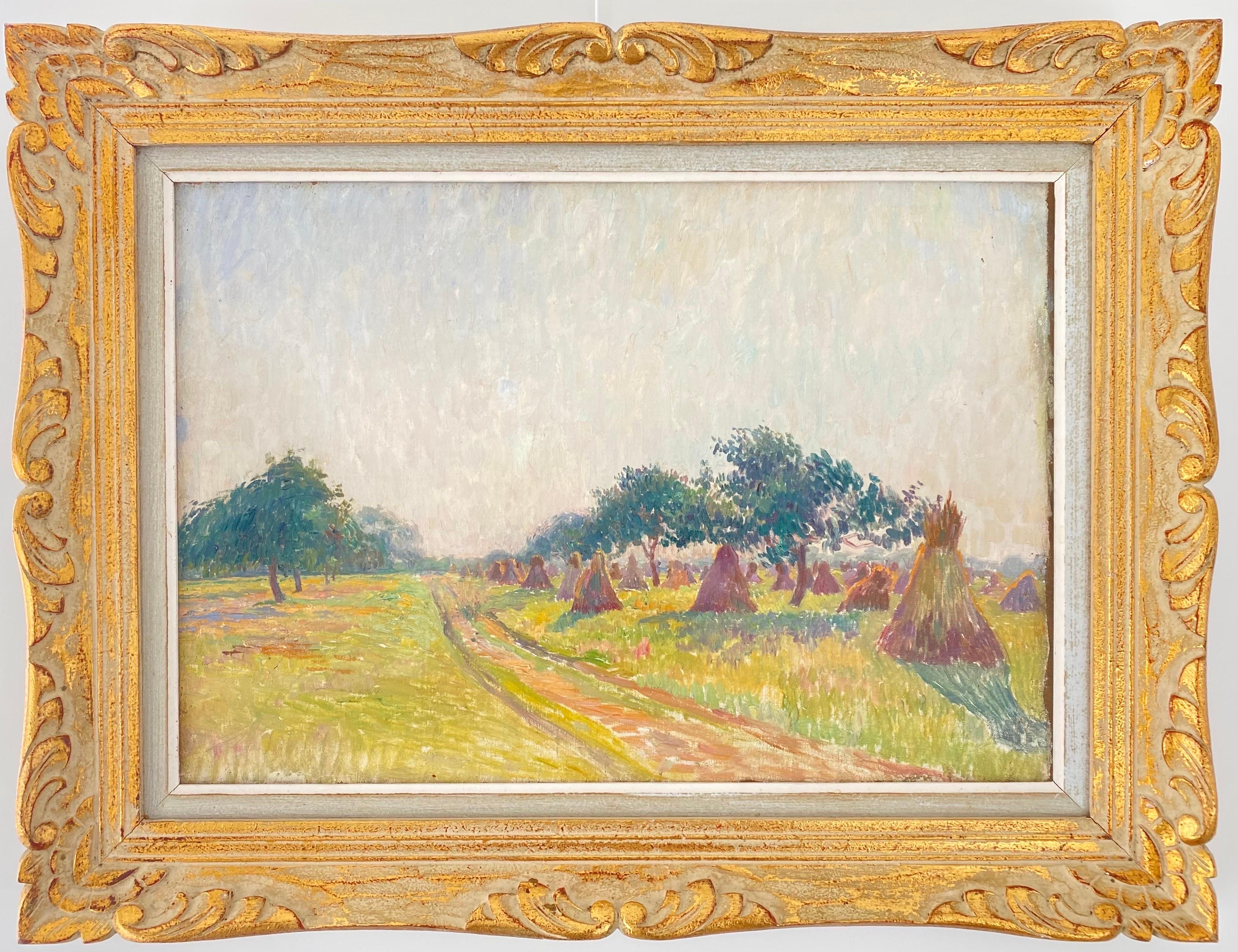 Unknown Figurative Painting - French 19th century Impressionist landscape painting of a Hay Harvest Monet