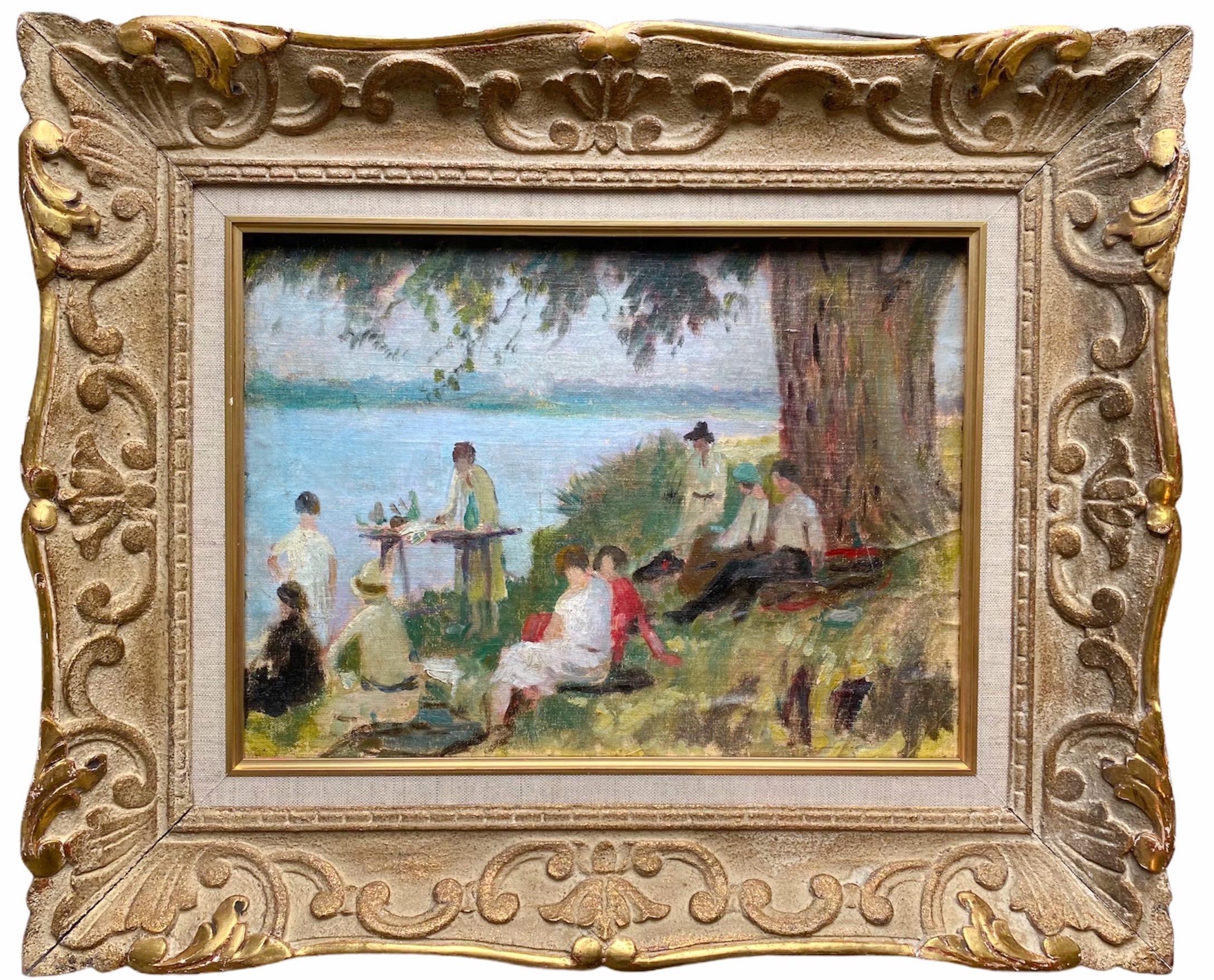 Unknown Figurative Painting - French 19th century impressionist painting - Bords de la Seine - Group Manet