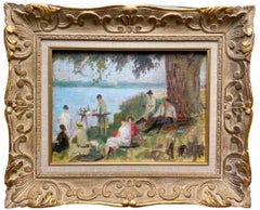 French 19th century impressionist painting - Bords de la Seine - Group Manet