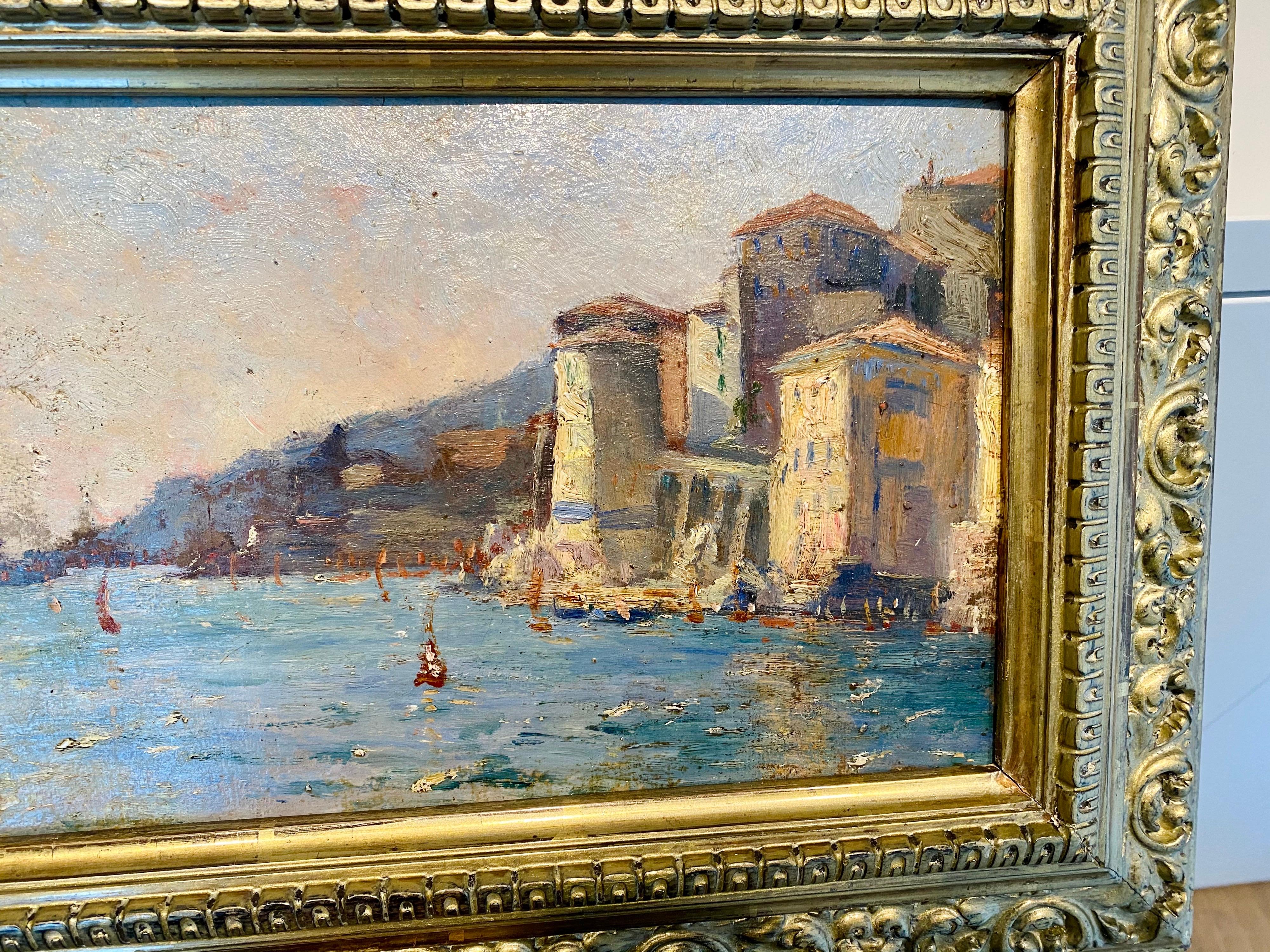 French 19th century impressionist painting Mediterranean Harbour - Cote d'Azur - Impressionist Painting by Unknown