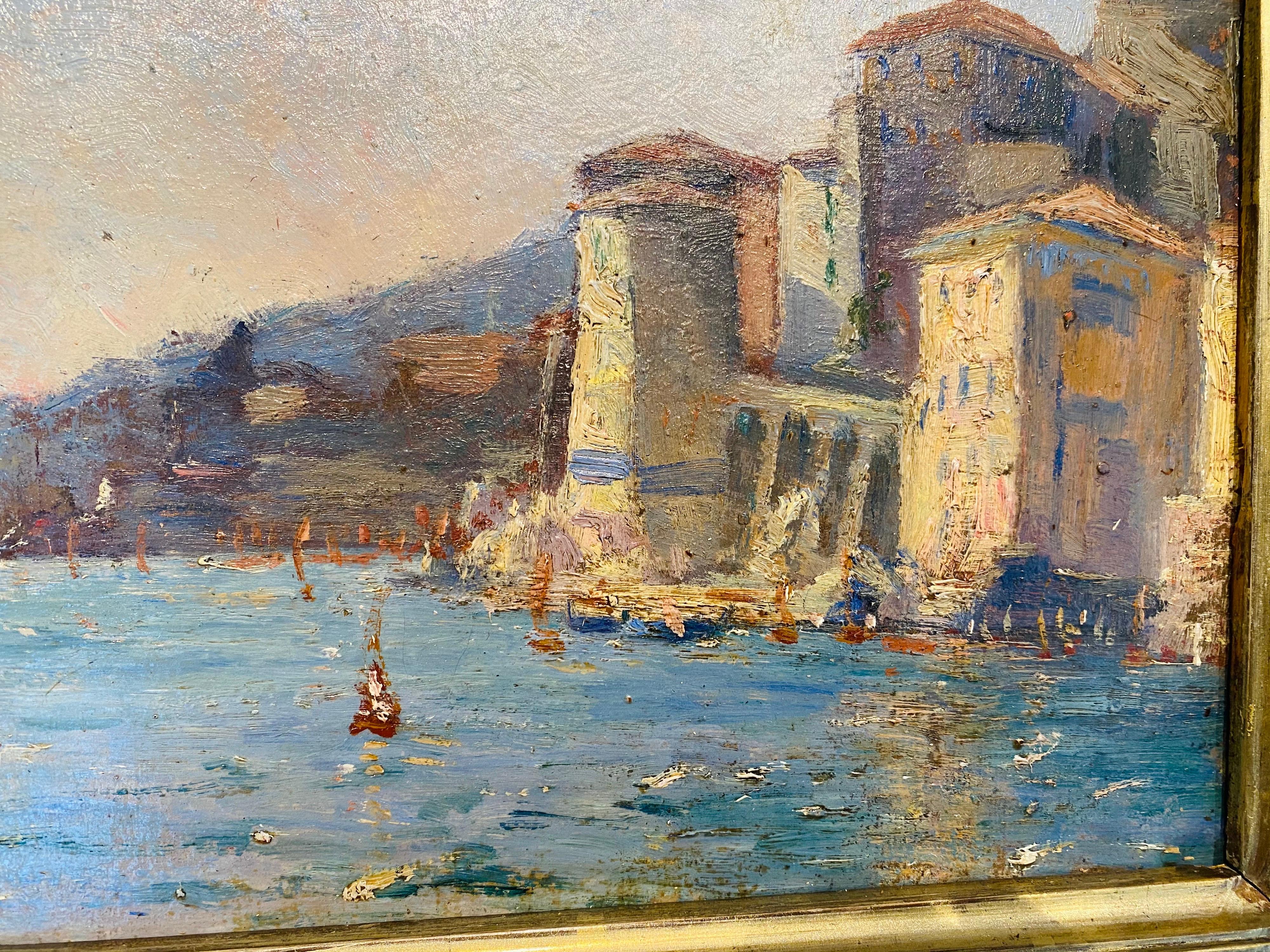 French 19th century impressionist painting Mediterranean Harbour - Cote d'Azur - Brown Landscape Painting by Unknown