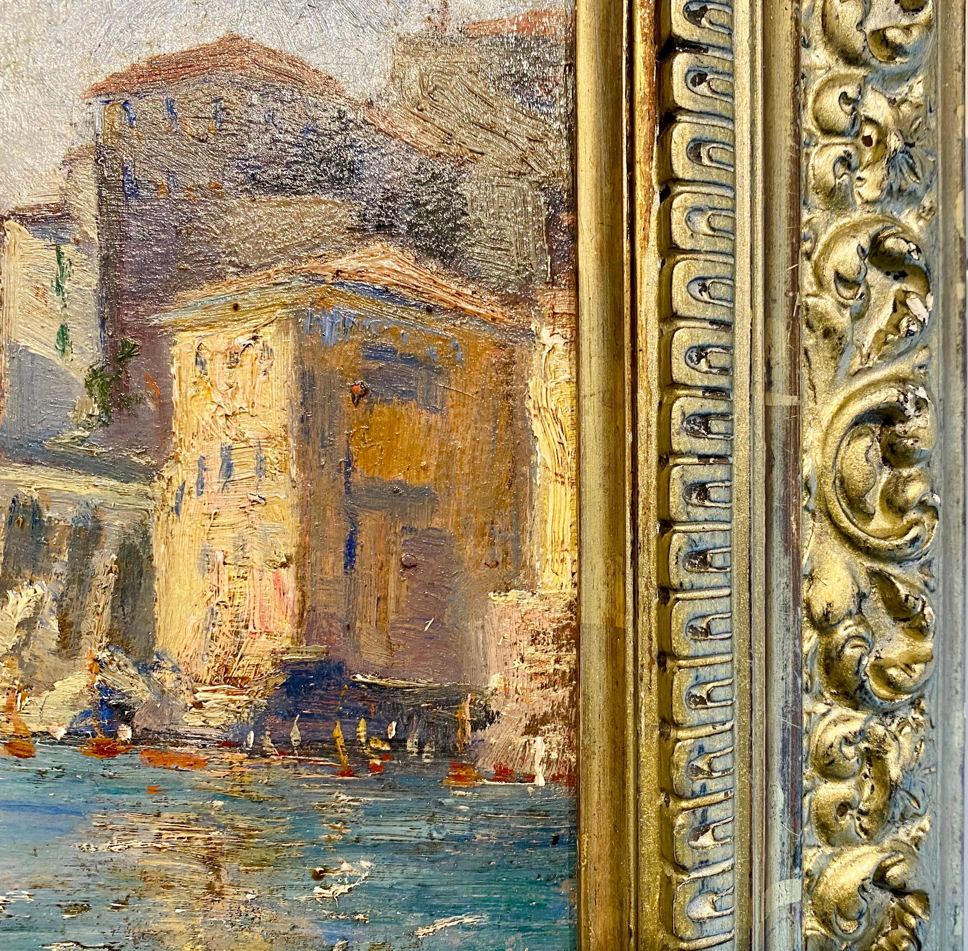 French 19th century impressionist painting Mediterranean Harbour - Cote d'Azur 1