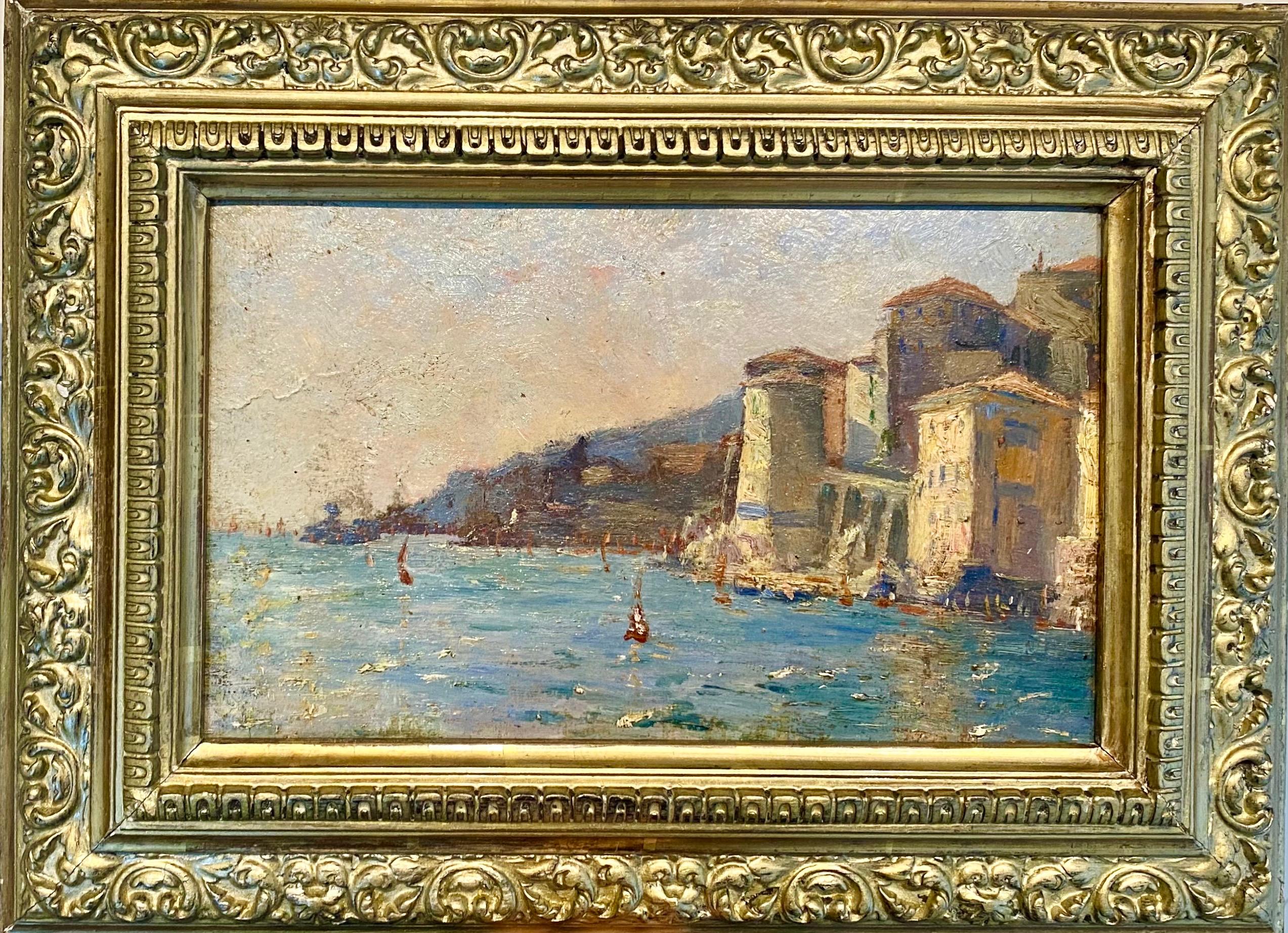 Unknown Landscape Painting - French 19th century impressionist painting Mediterranean Harbour - Cote d'Azur