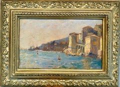 French 19th century impressionist painting Mediterranean Harbour - Cote d'Azur