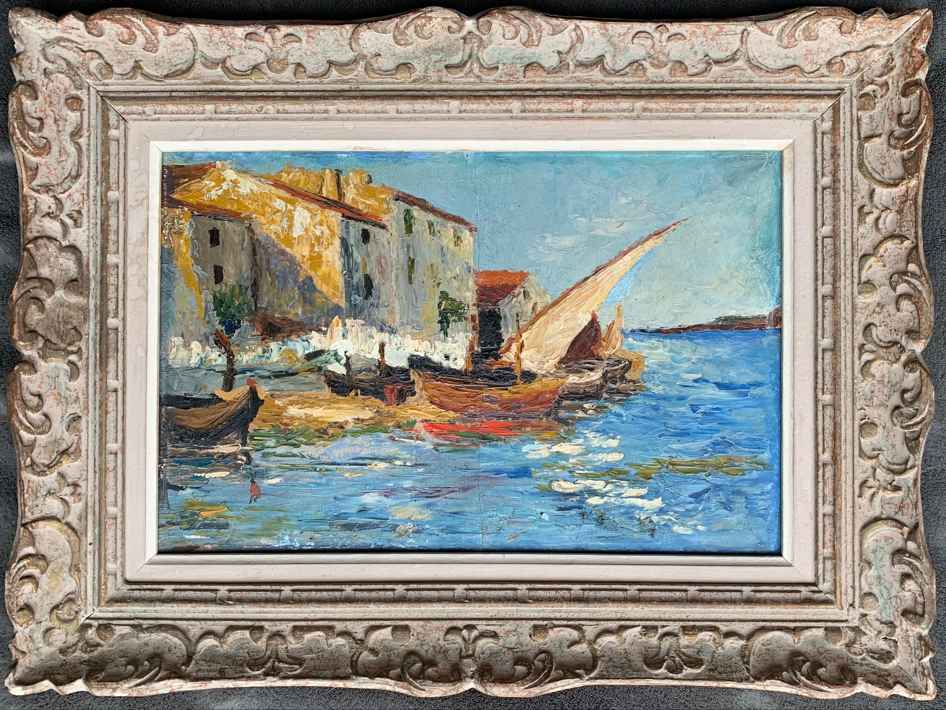 Unknown Figurative Painting - French 19th century impressionist painting Mediterranean Harbour - Cote d'Azur
