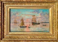 French 19th century impressionist painting Mediterranean - Sailing Boats Harbour