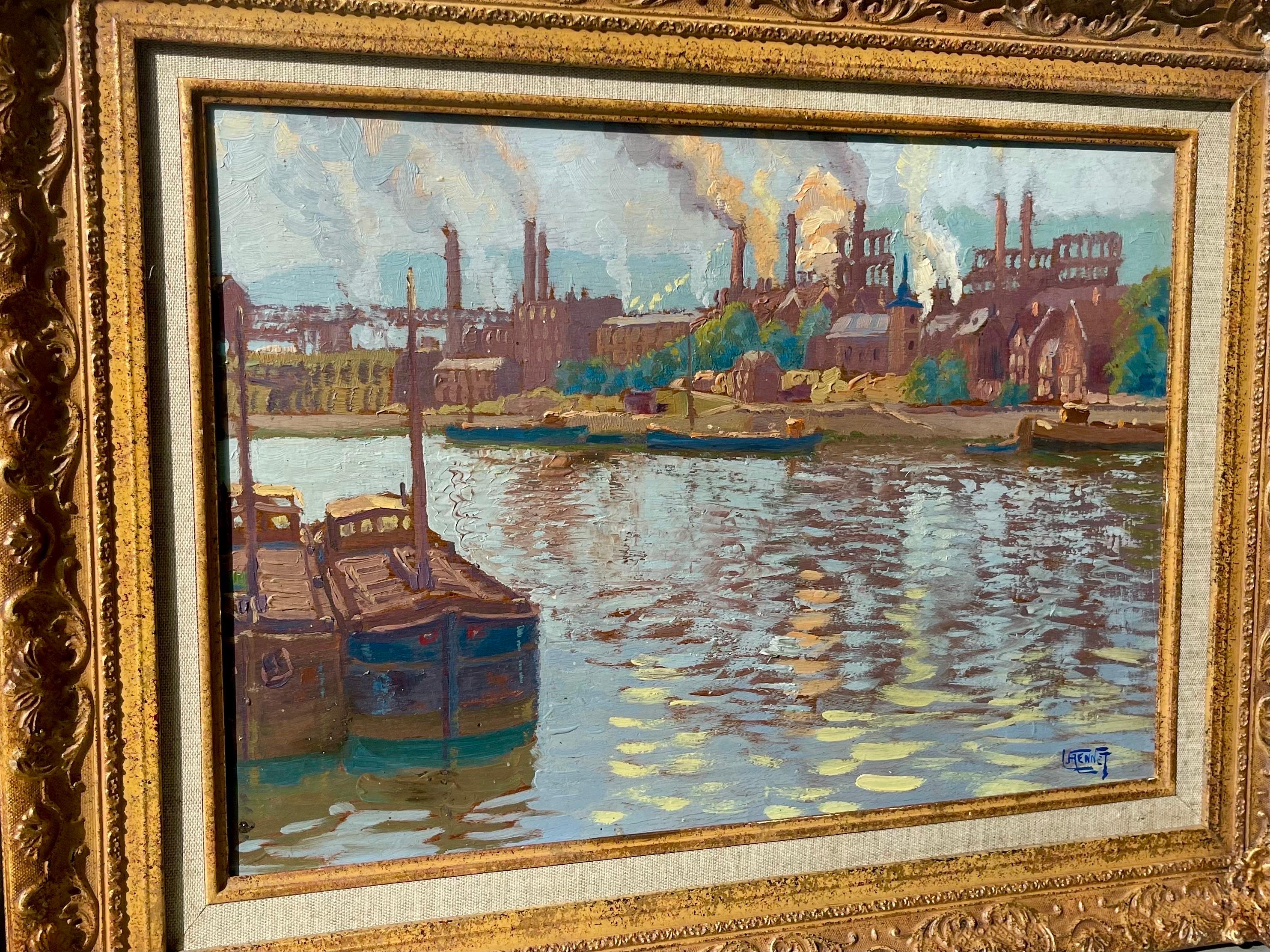 Wonderful and vibrant French post impressionist painting depicting a canal on a sunny summer day. Housed in an antique frame of the period. Painted with swift and confident brush-strokes this work marvellously captures the essence of impressionism