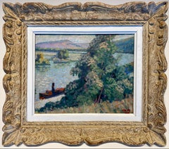 Antique French 19th century Impressionist painting of a canal - Monet Paris