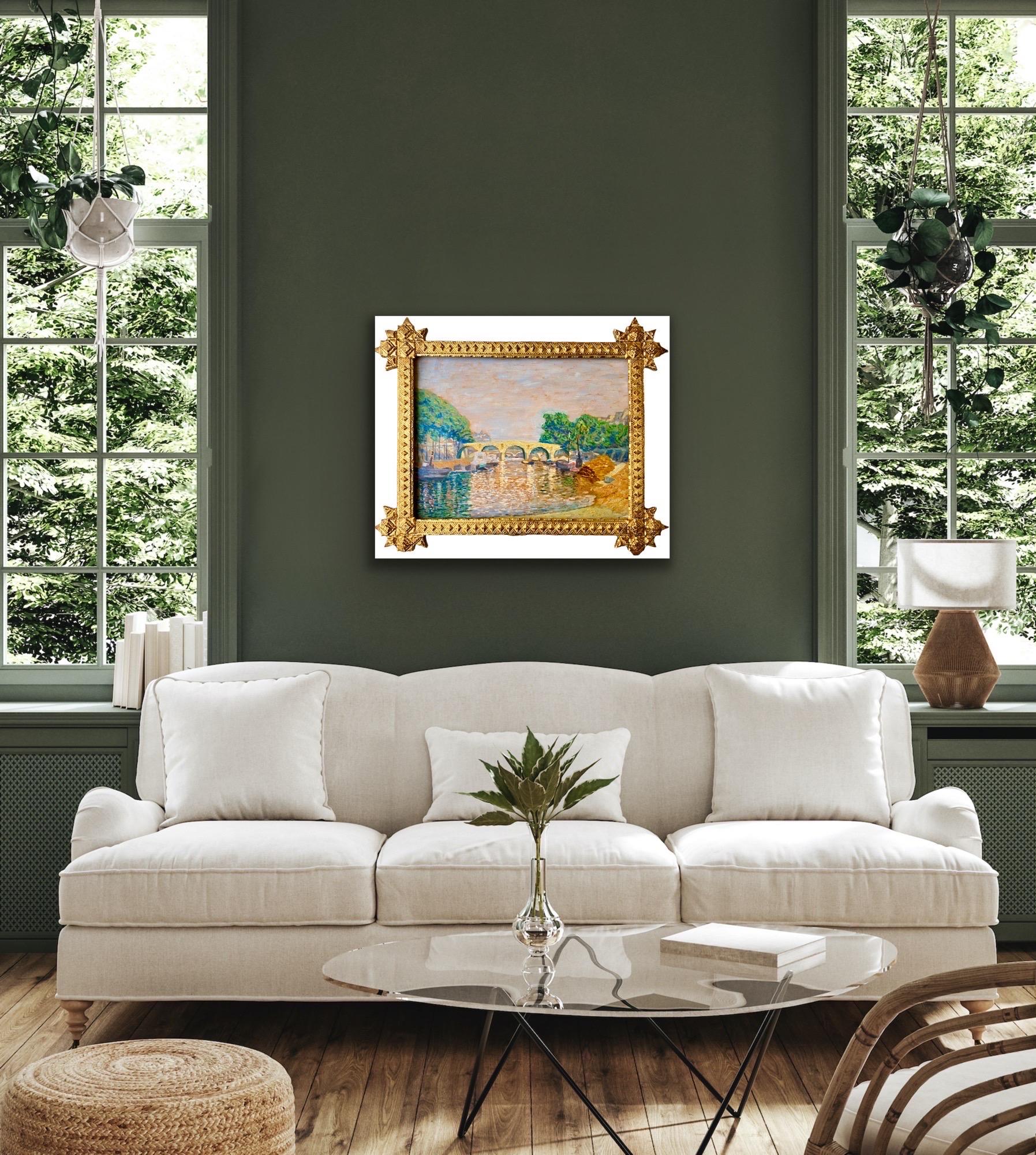 Wonderful and vibrant French impressionist painting depicting a river (likely the Seine in Paris) on a sunny summer day. Housed in an antique frame of the period. Painted with swift and confident brush-strokes this work marvellously captures the