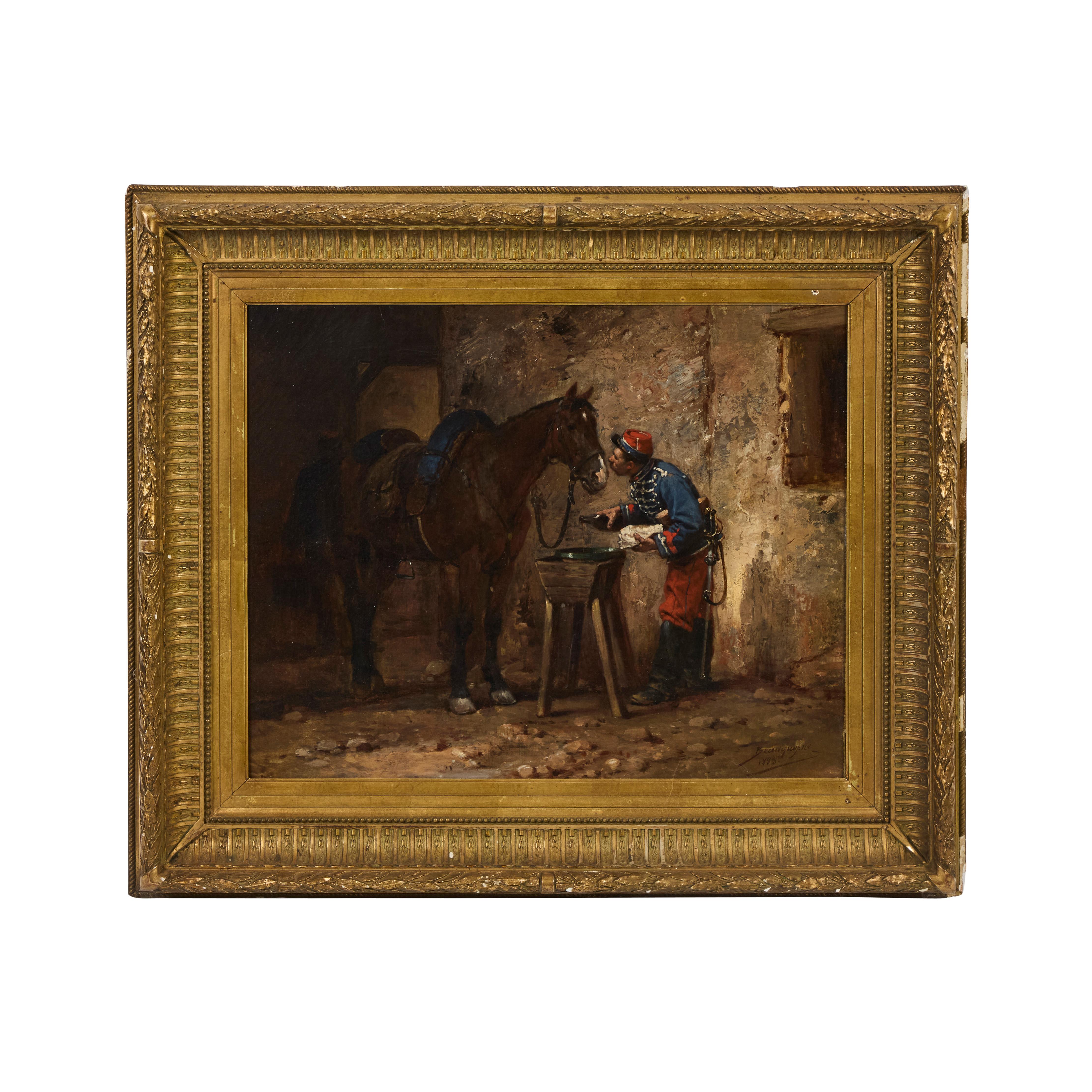 Figurative Painting Unknown - Huile sur toile du 19e siècle représentant un soldat avec son cheval