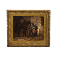 Dipinto olio su tela francese del XIX secolo raffigurante un soldato con il suo cavallo