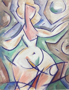 French 20th Century Modernist Painting of A Nude Blonde With Warm Pastel Colours
