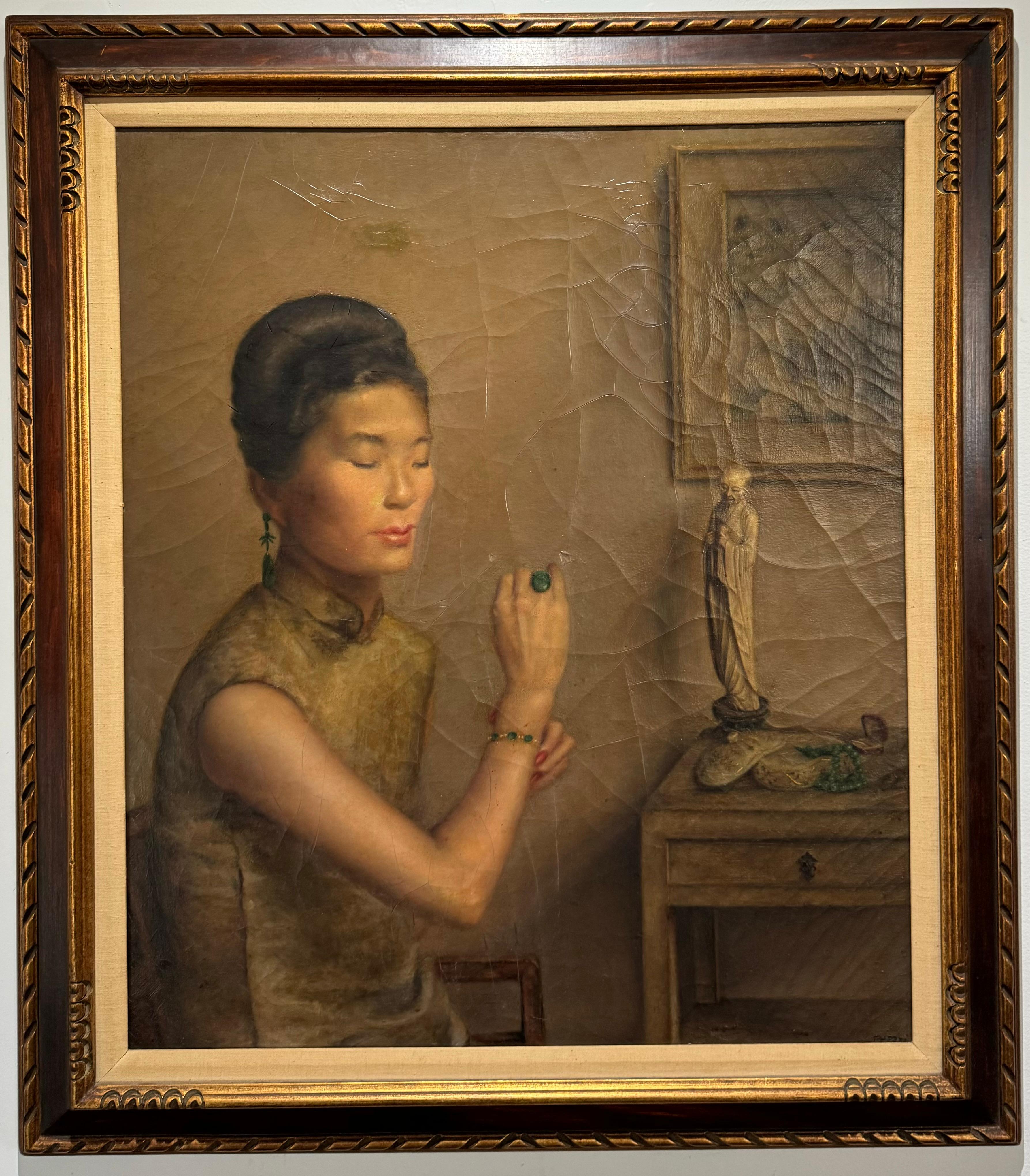 French/American Chinoiserie Japonaise Woman in a Boudoir w/ Shrine - Painting by Unknown
