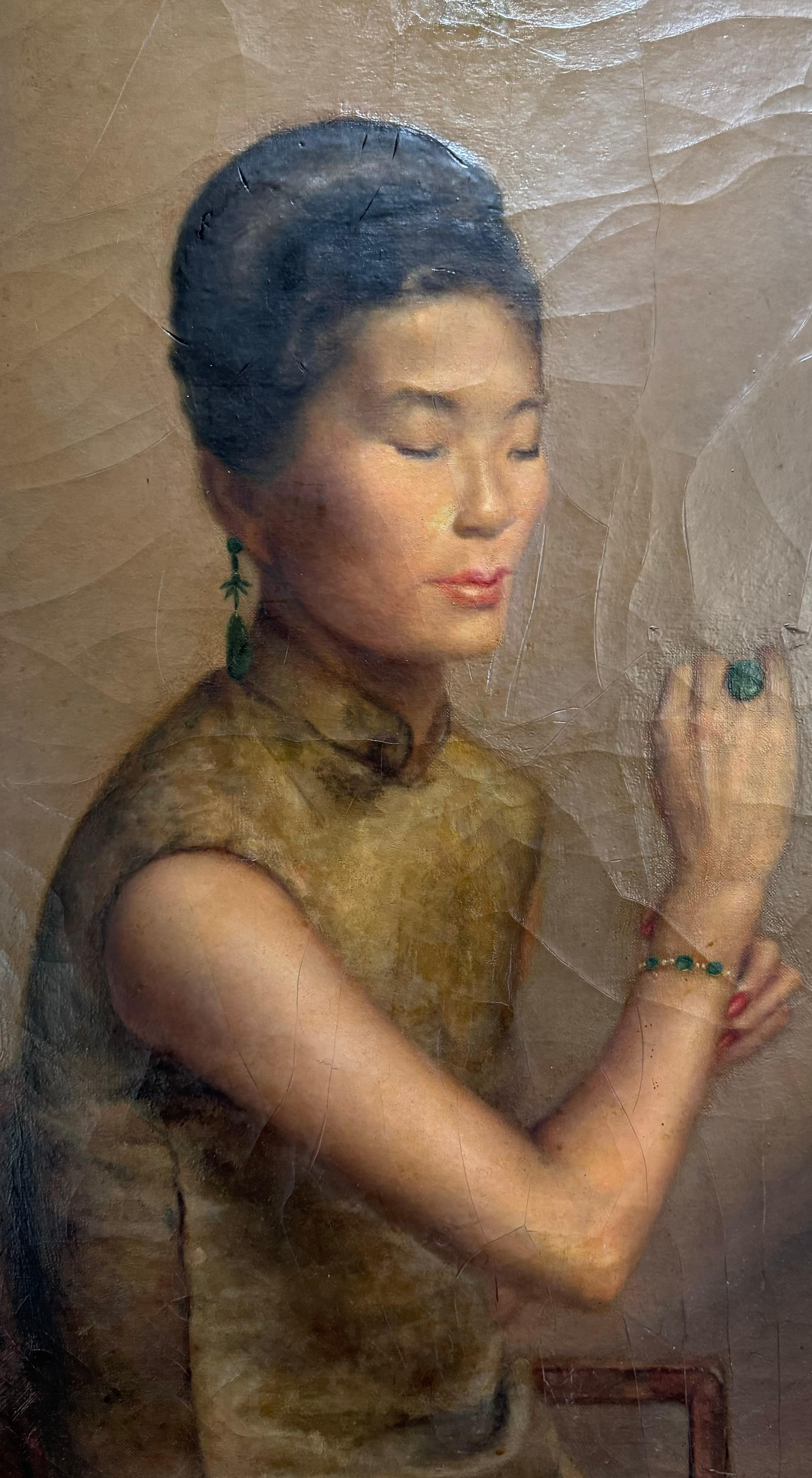 French/American Chinoiserie Japonaise Woman in a Boudoir w/ Shrine - Realist Painting by Unknown