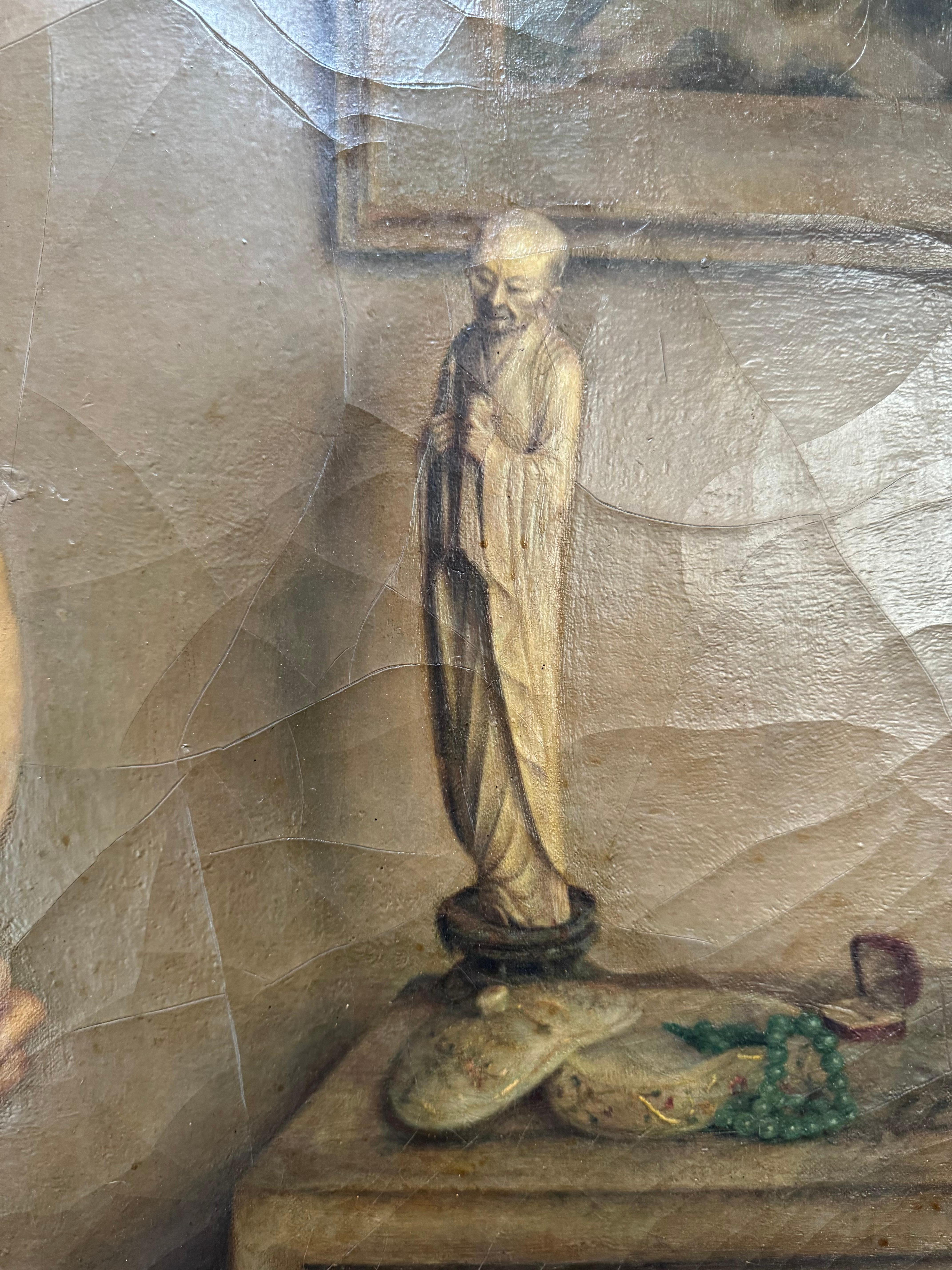 French/American Chinoiserie Japonaise Woman in a Boudoir w/ Shrine - Brown Figurative Painting by Unknown