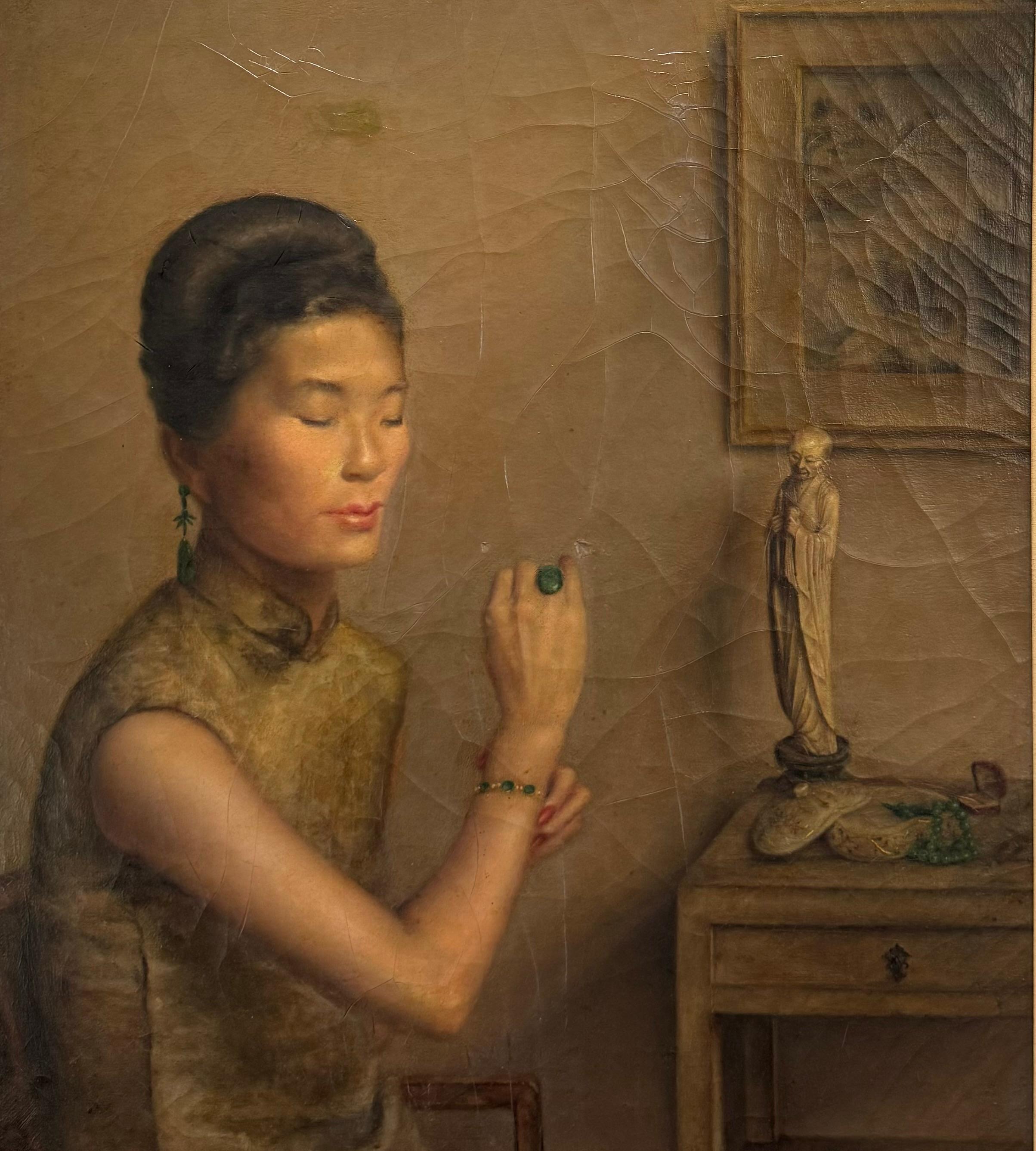 Here we have a signed French/American Oil Painting, of a beautifully rendered Japonaise Lady in Her Boudoir with a Shrine

I Cannot figure out the artist! 

Very well done and detailed…. Her face has lots ofmExpressions

Oil on Canvas
21x29 inches
