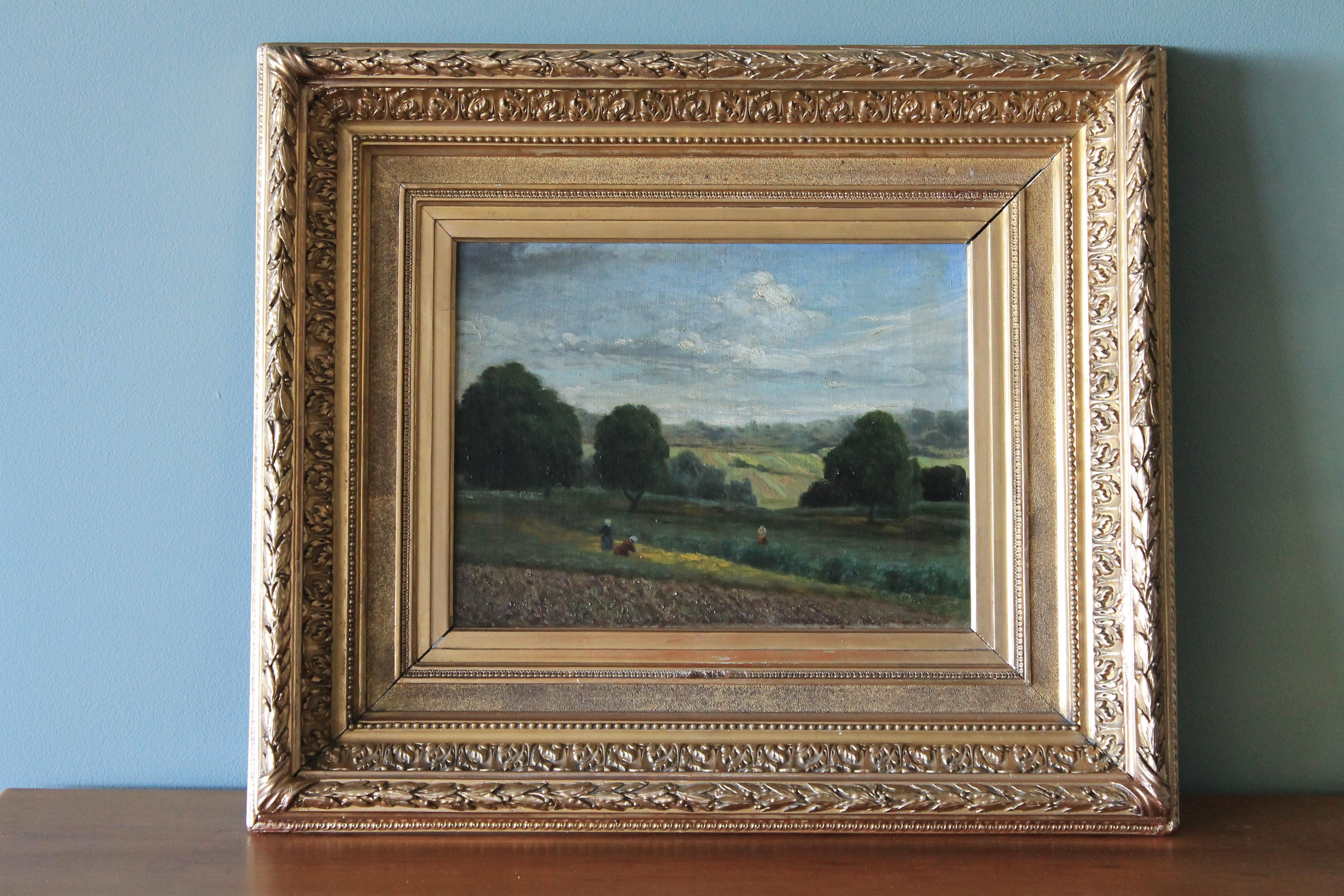 French antique oil painting on canvas from the 1800's.  This  attractive painting shows workers in the fields and further beyond, the open French countryside and a slightly stormy sky.  The canvas is smoothish to the touch...

MORE ABOUT THIS